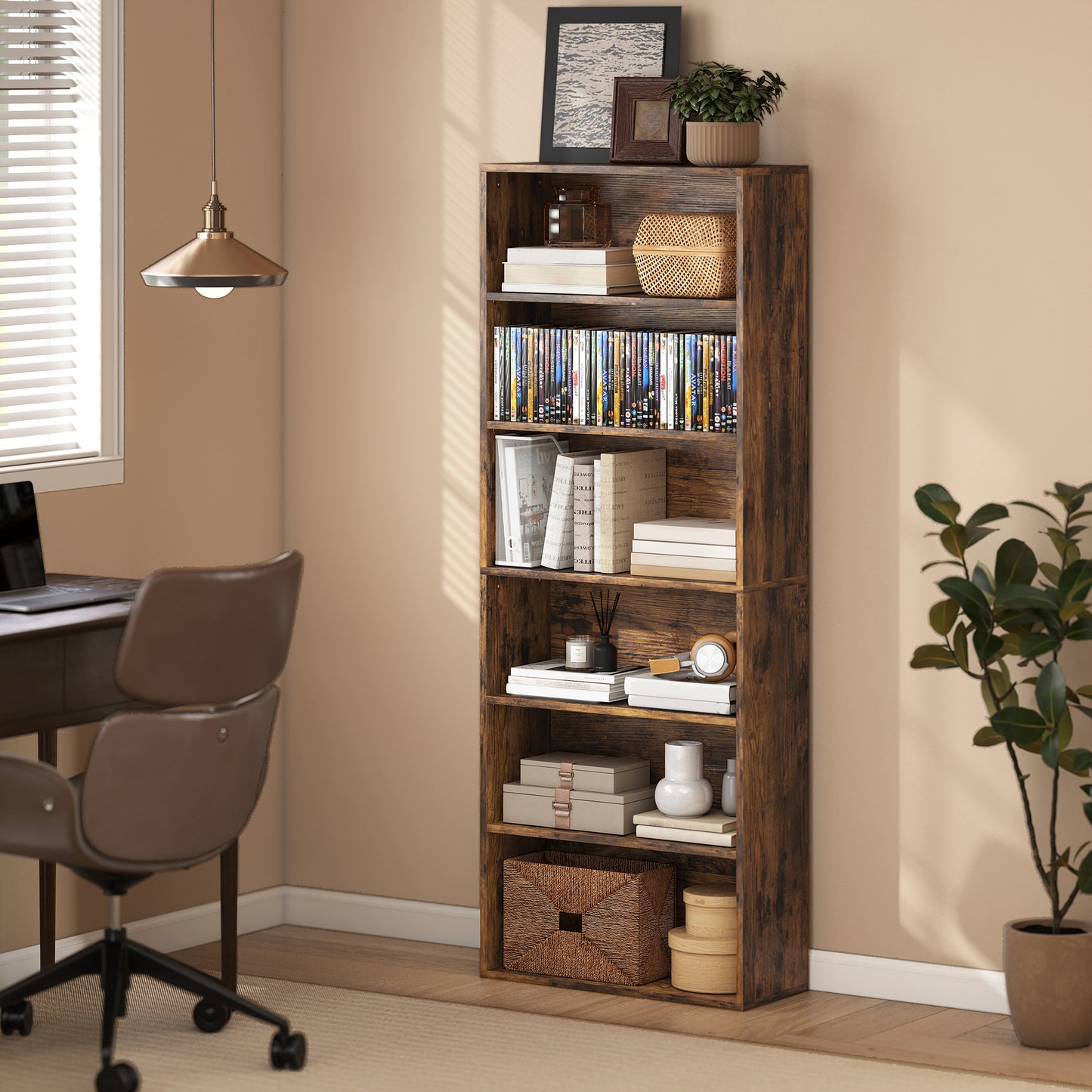 HOMCOM Six Shelf Bookcase - Rustic Brown