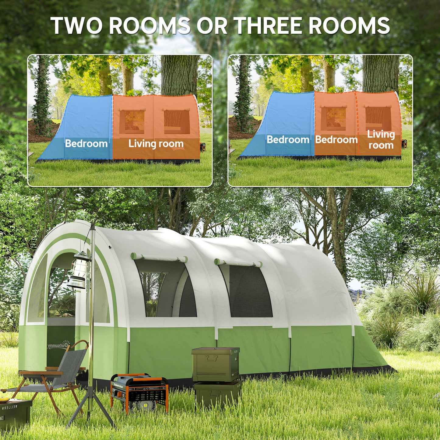 Outsunny Three Man Duo Room Tunnel Tent, with Accessories - Cream/Green