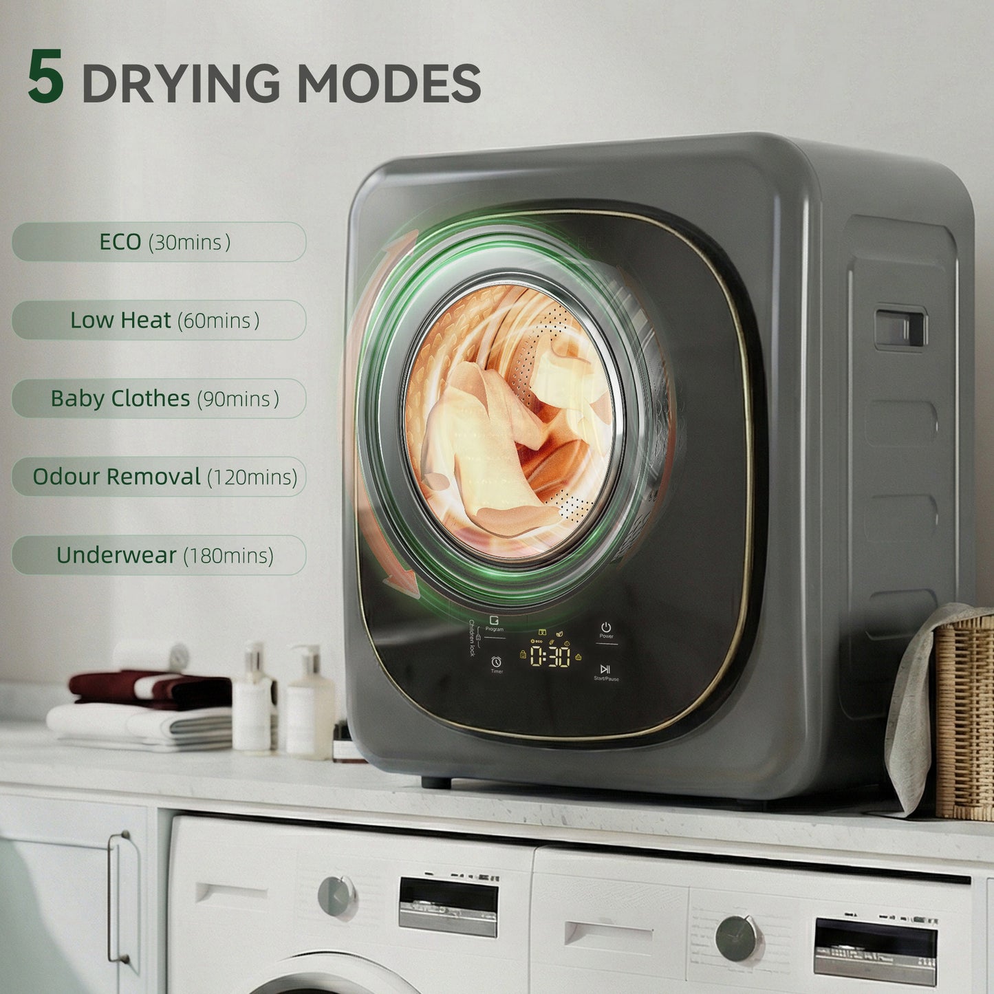 HOMCOM 4kg Vented Tumble Dryer with 5 Drying Mode, 800W Compact Freestanding Front Tumble Dryer Grey
