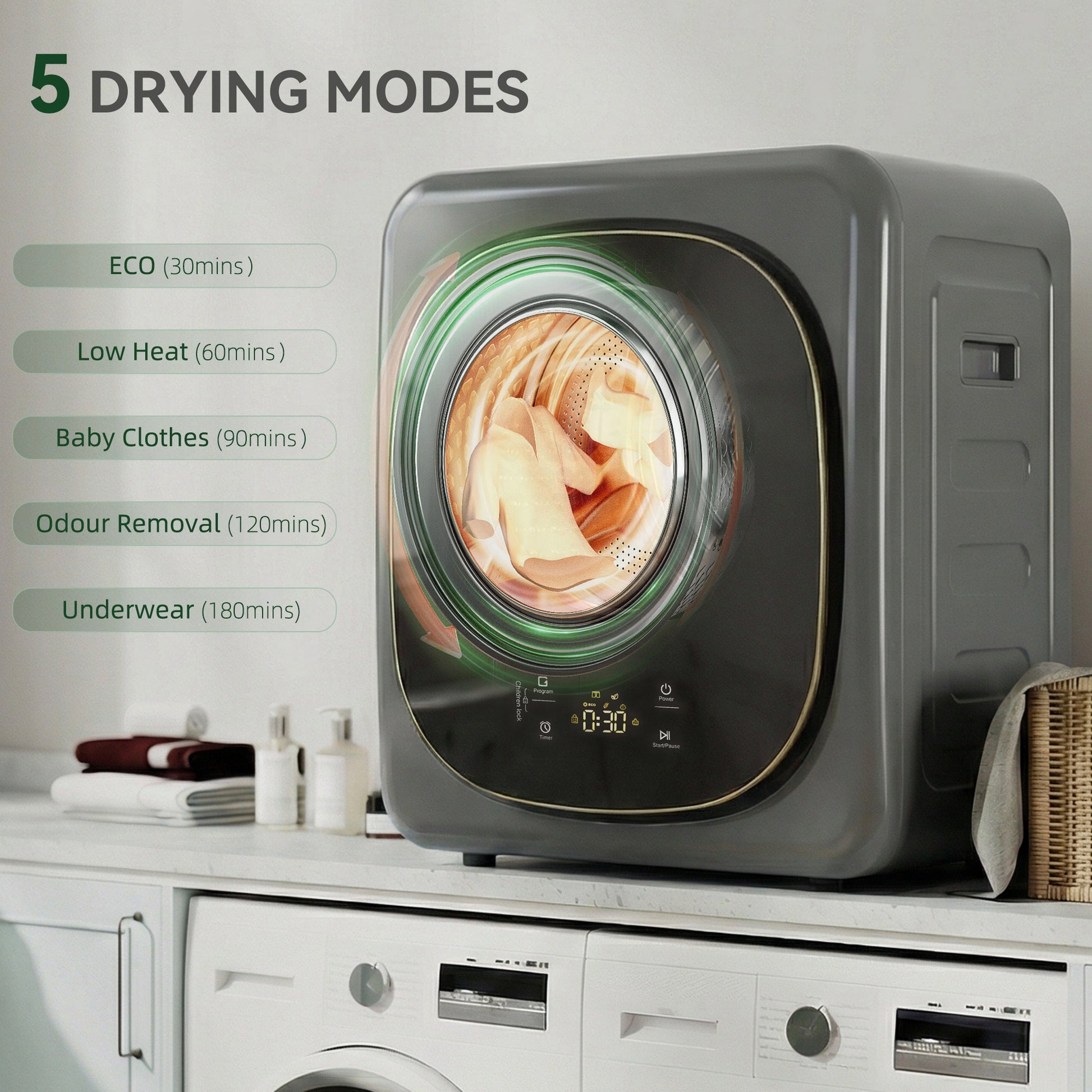 HOMCOM 4kg Vented Tumble Dryer with 5 Drying Mode, 800W Compact Freestanding Front Tumble Dryer Grey