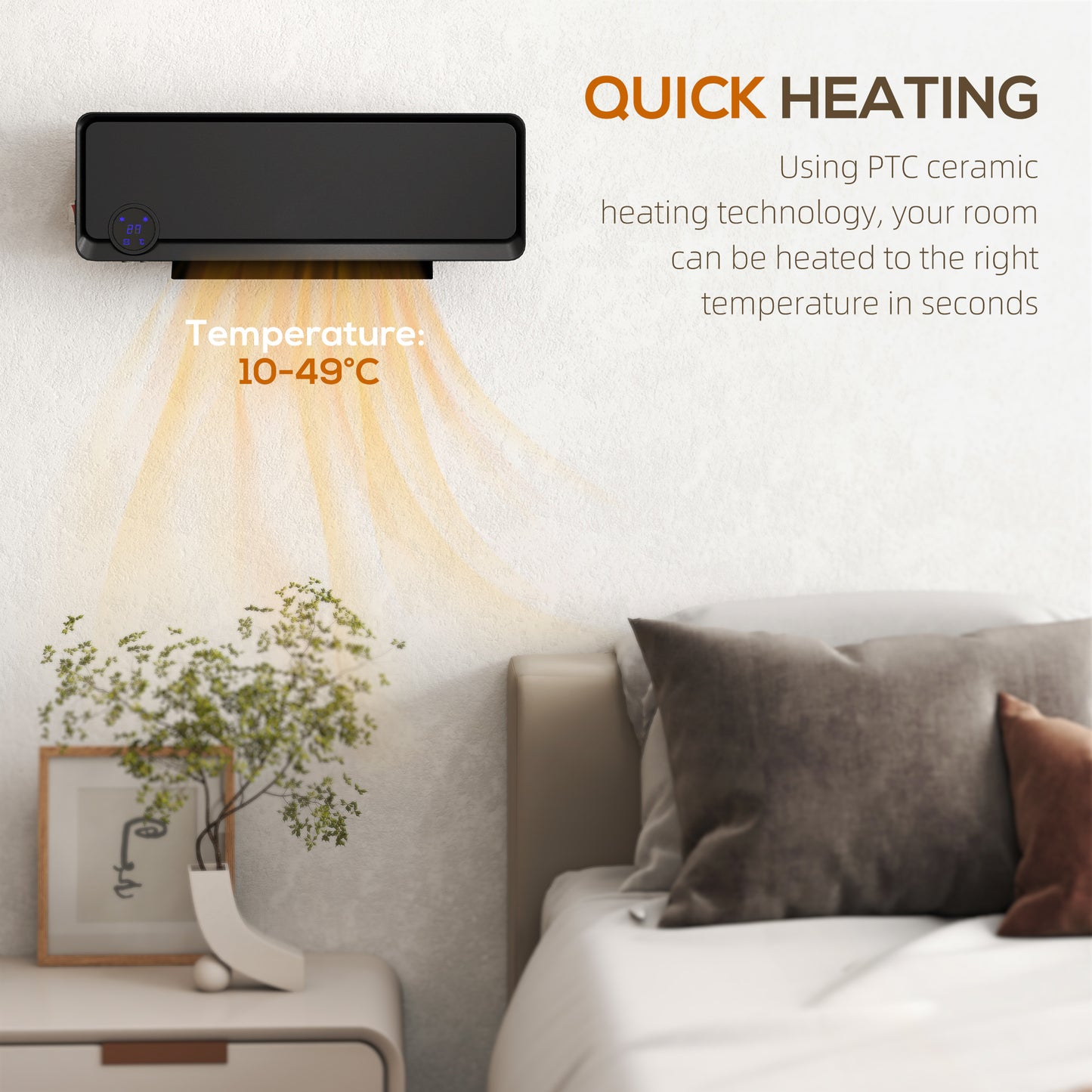 HOMCOM Wall Downflow Heater 2 Heat and Fan 1000W/2000W, Electric Space Heater with Timer Remote Oscillating, for Bedroom Home Office, Black