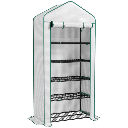 Outsunny 5 Tier Widened Mini Greenhouse with Reinforced PE Cover, Portable Indoor Outdoor Green House with Roll-up Door and Wire Shelves, 90 x 49 x 193cm, White