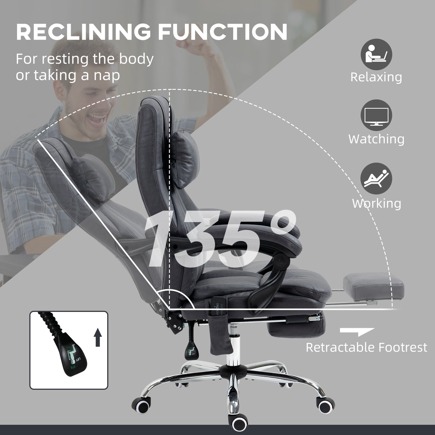 Vinsetto Office Chair with Lumbar Massage, 135Â° Reclining Computer Chair with Adjustable Headrest, Retractable Footrest, 10cm Double Padded Seat, Microfiber Fabric, Metal Base, Dark Grey