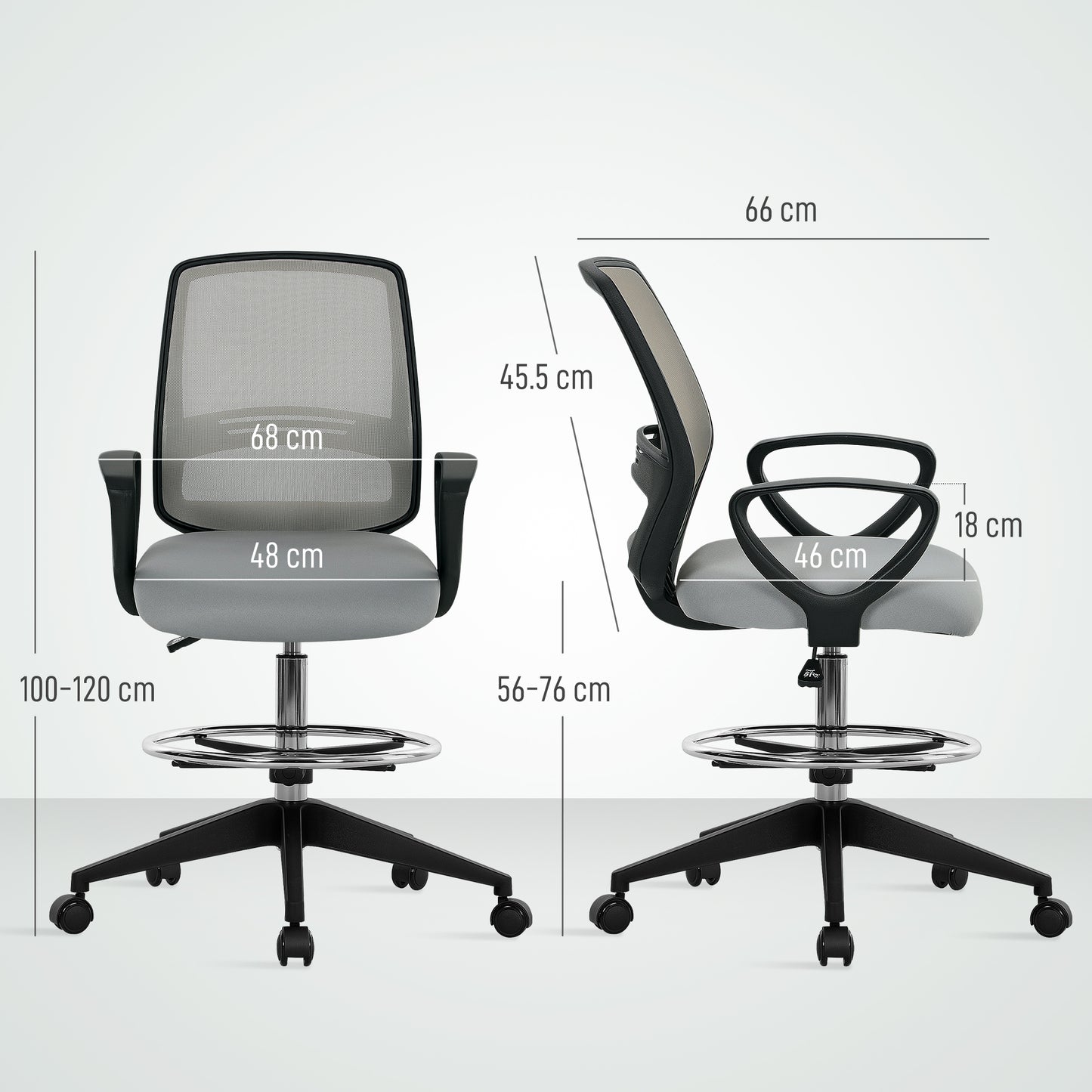 Vinsetto 100-120cm Draughtsman Office Chair, with Footrest - Light Grey