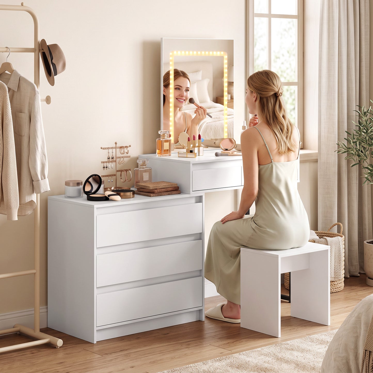 HOMCOM Vanity Makeup Desk LED Mirror Dressing Table Large Storage 5 Drawers White
