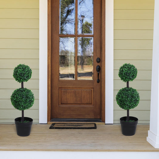 Outsunny Set of 2 Artificial Boxwood Ball Topiary Trees Potted Decorative Plant Indoor DÃ©cor (67cm)