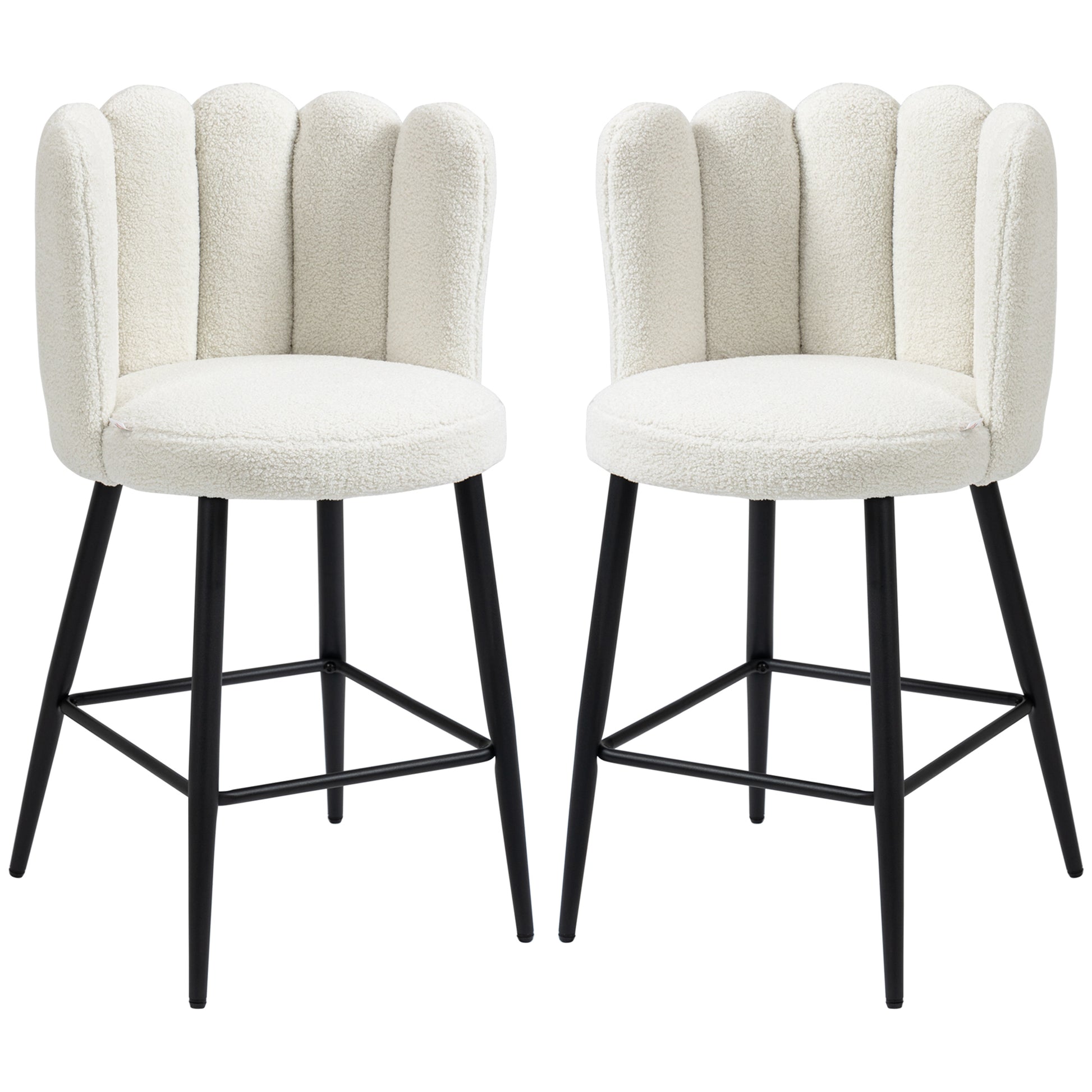 HOMCOM Bar Stools Set of 2, Modern Boucle Upholstered Shell Barstools, Breakfast Bar Chairs with Backrest, Footrest and Steel Base for Kitchen Counter, Cream