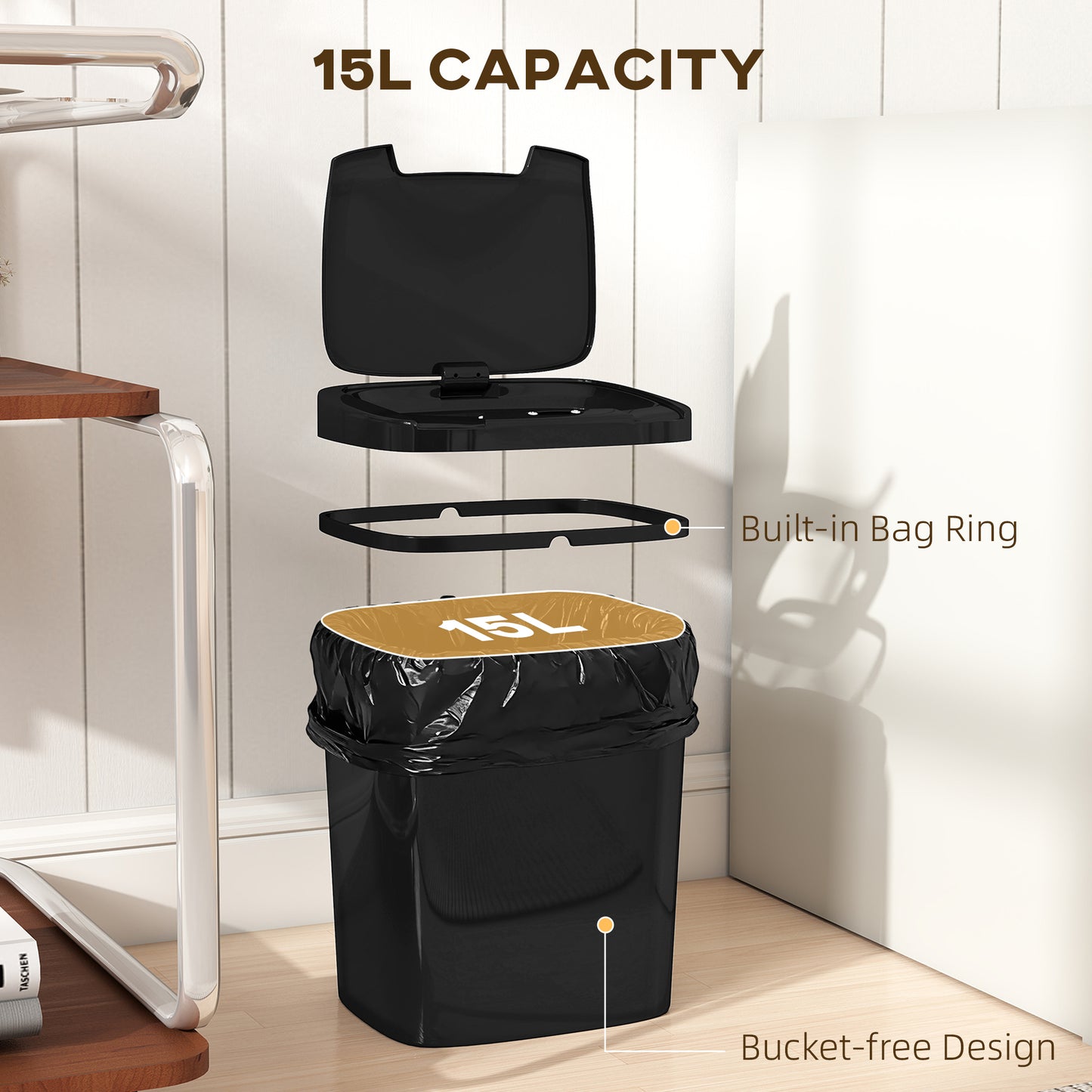 HOMCOM 15L Sensor Bin, Automatic Touchless Kitchen Bin, Easy Clean, Battery Operated for Home Office, Bedroom, Bathroom, Black