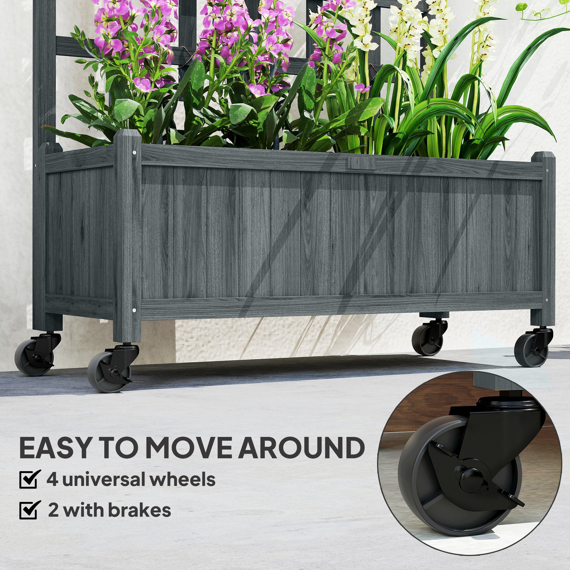 Outsunny Wooden Trellis Planter, Raised Garden Bed with Wheels, to Climb and Grow Vegetables, Herbs and Flowers, Grey