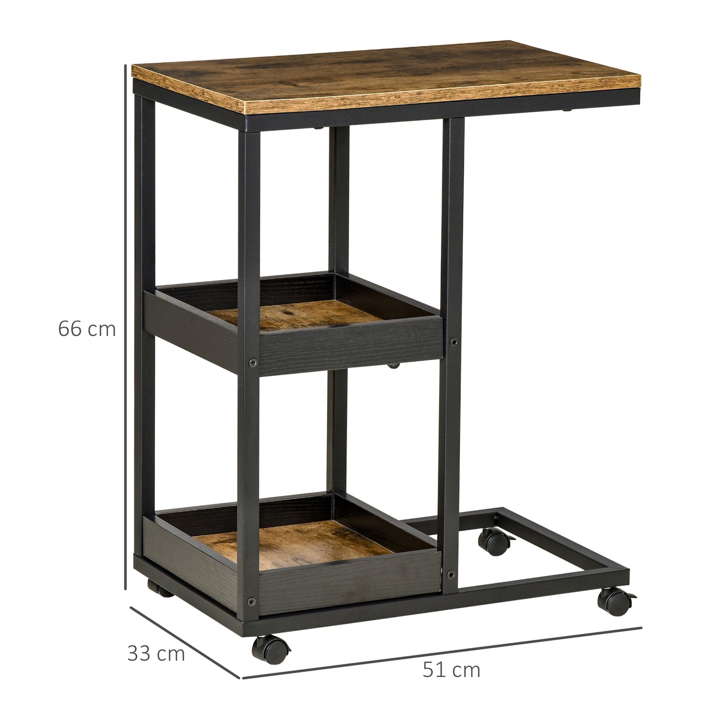 HOMCOM Mobile Sofa Side Table Set of 2, Industrial C-Shaped Rolling Table with 3-Tier Storage Shelving, Four Lockable Wheels Steel Frame, Dark Brown