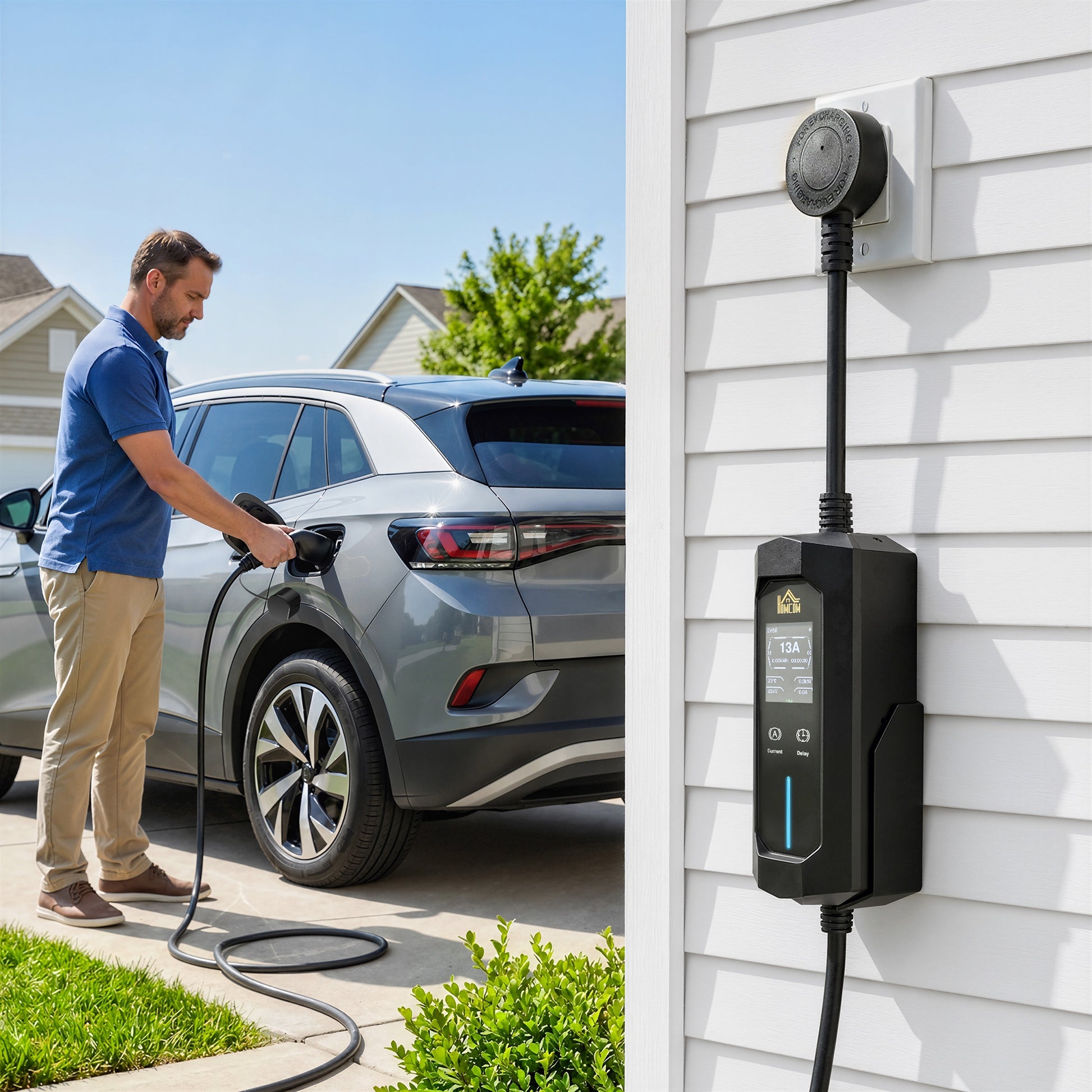 HOMCOM EV Charger Type 2 to 3 Pin Plug, 10 m, 2.8 kW, 6-13 A, Electric Car Charger Type 2 Charging Cable w/ 1-12 h Time Delay