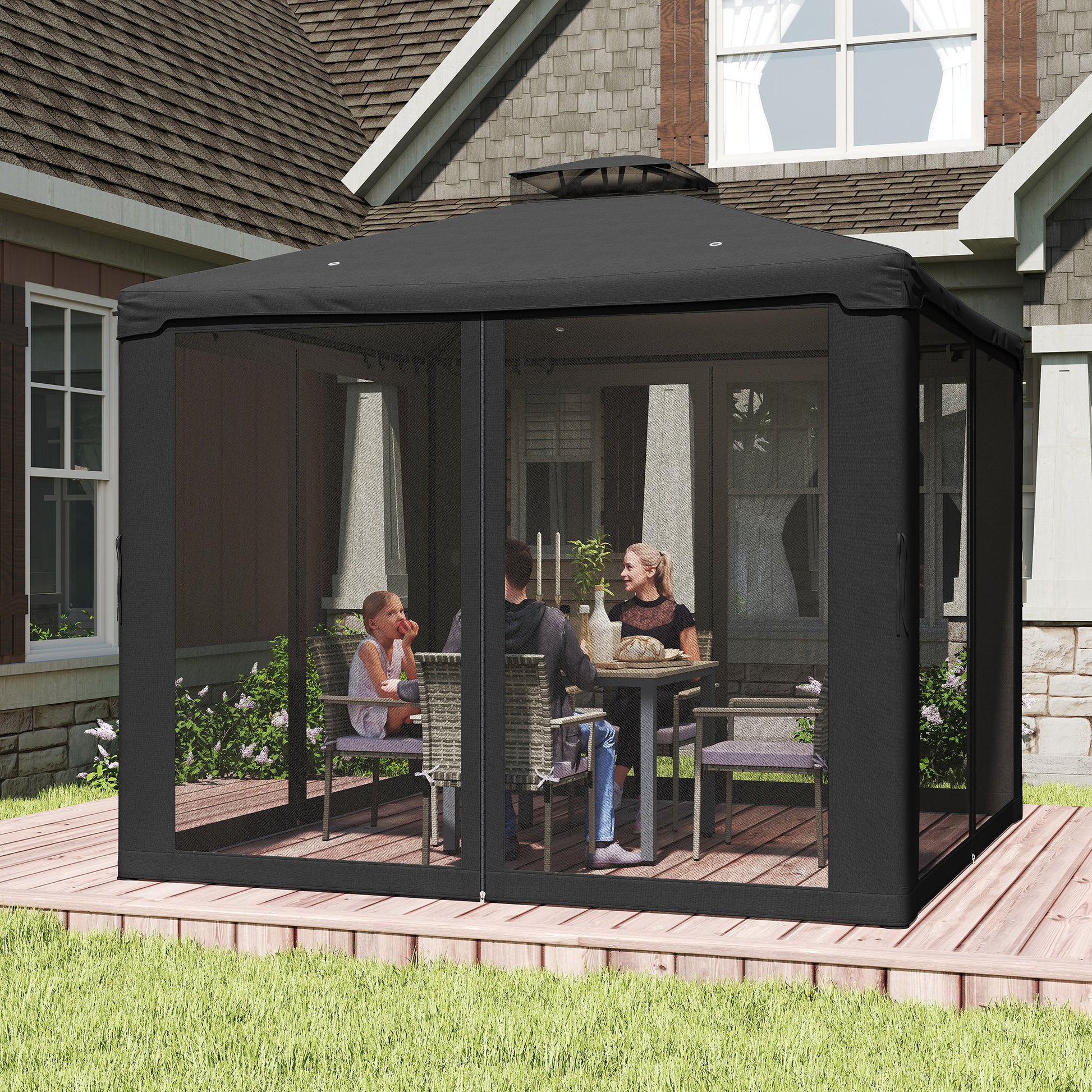 Outsunny 3 x 3 m Metal Gazebo, Garden Pavillion, DoubleÂ Roof Outdoor Canopy Shelter with Mesh Sidewalls, Black