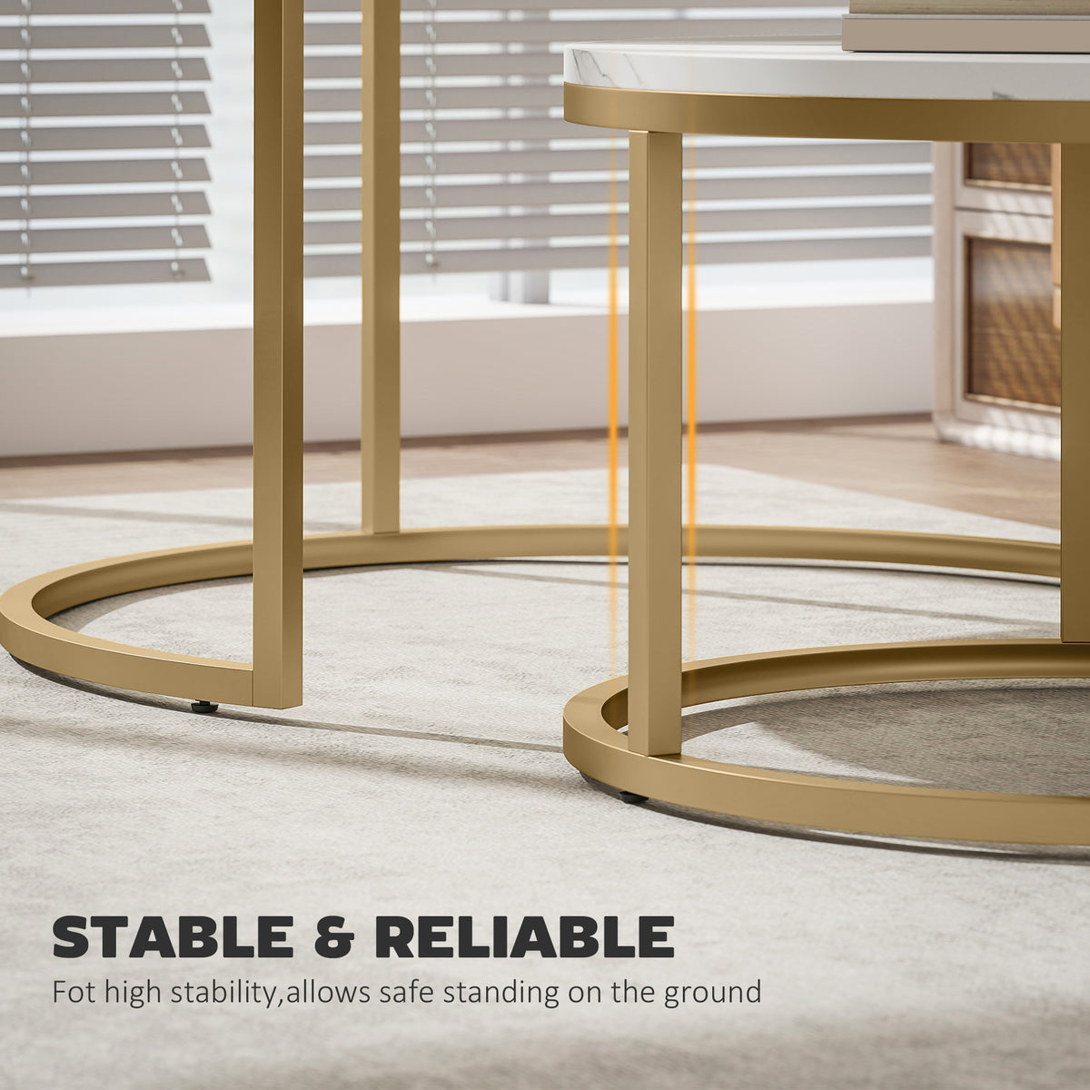 HOMCOM 2 Pcs Stacking Coffee Table Set Nesting Tables with Steel Frame for Living Room Marble White/Gold
