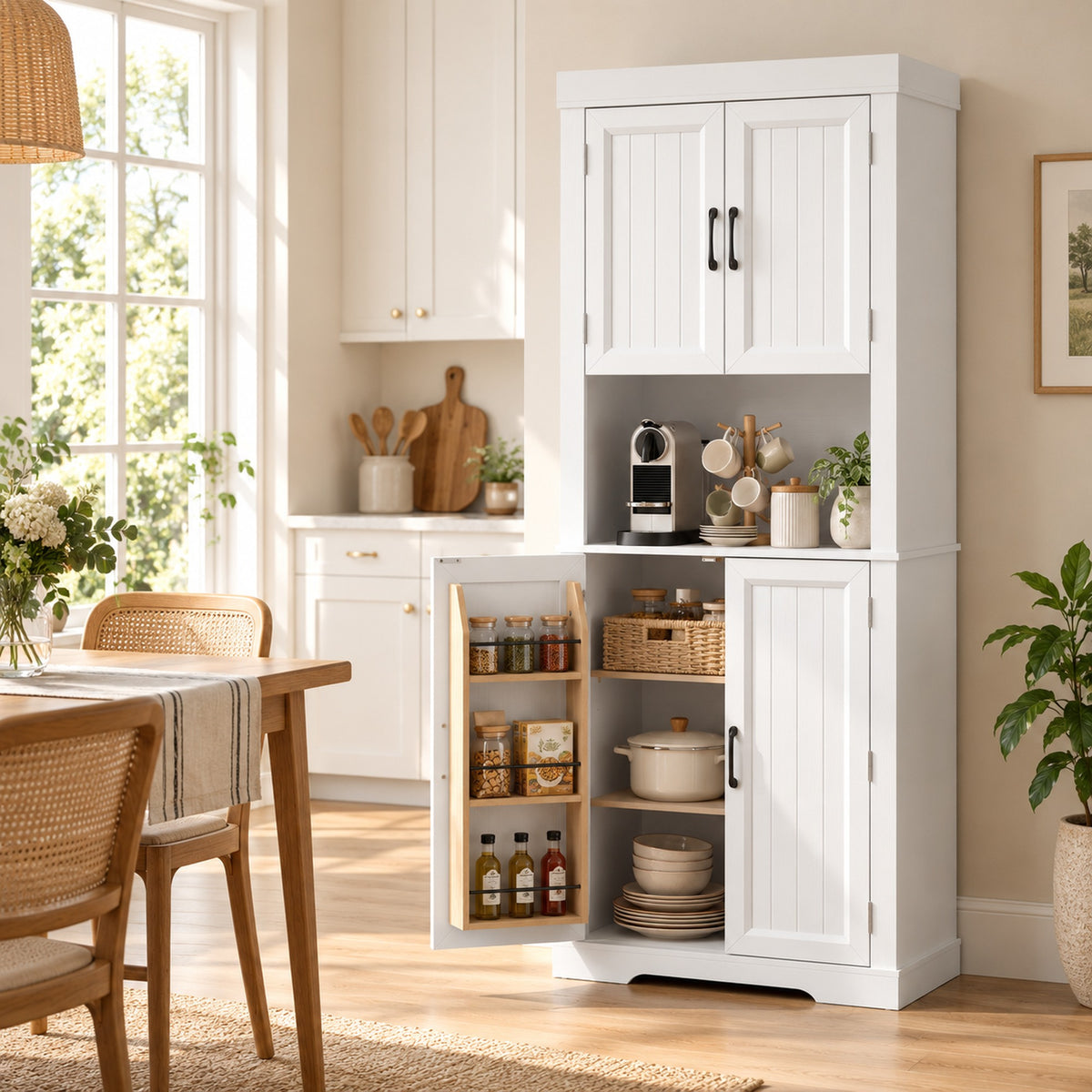 HOMCOM 183 cm Tall Kitchen Cupboard, Kitchen Cabinet with Open Countertop, Door Racks and Adjustable Shelves, White