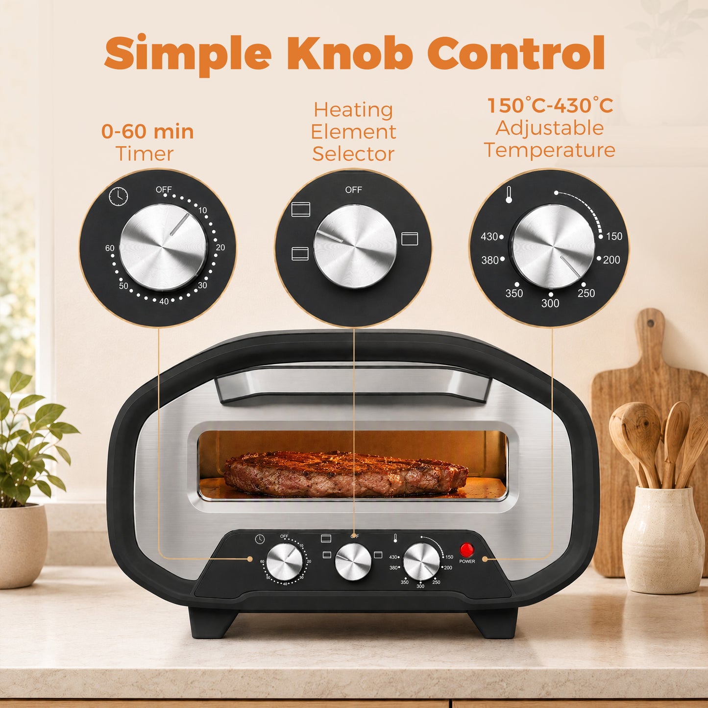 HOMCOM Electric Pizza Oven, Pizza Maker with 3 Knob Control and Ceramic Stone, Viewing Window, 2200W