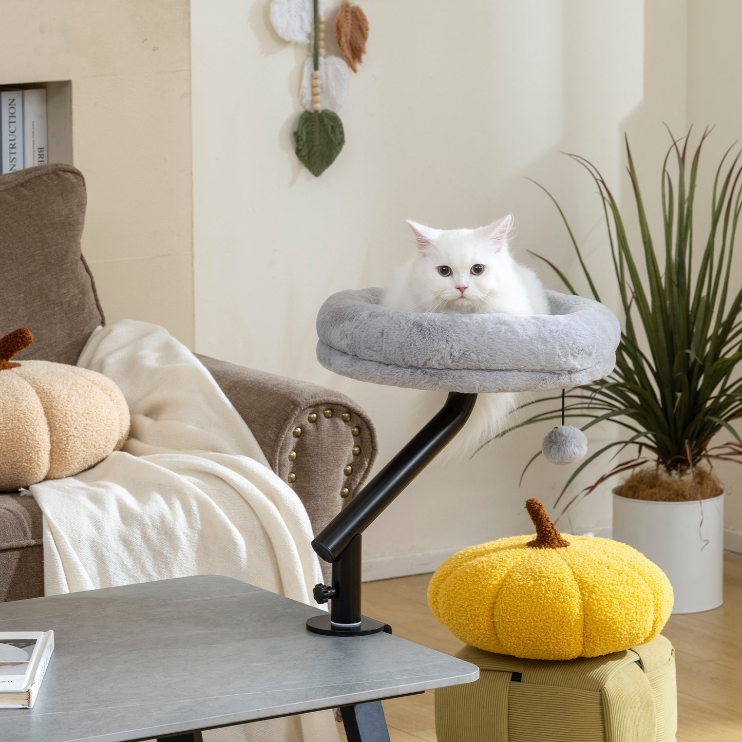 PawHut Cat Desk Bed, Cat Hammock 360Â° Rotatable Adjustable for Window, Table, Work, Grey