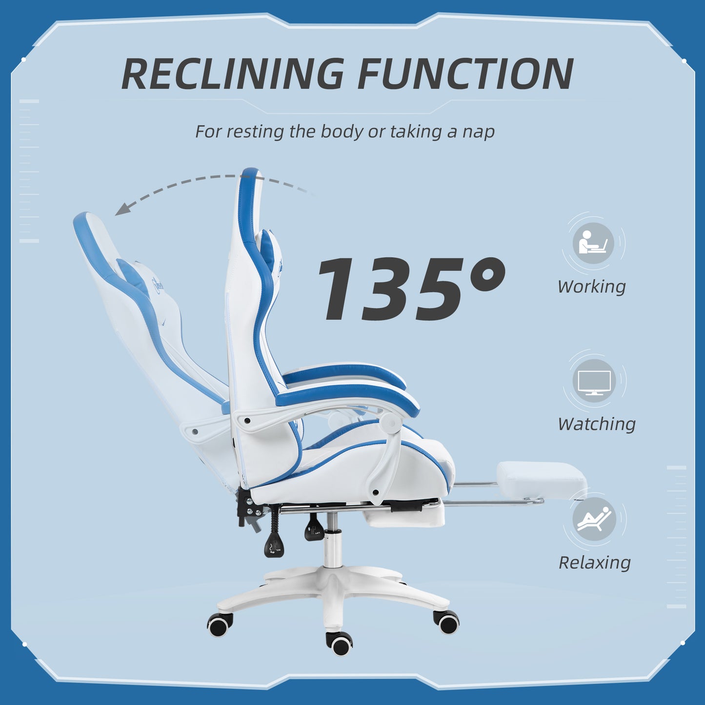 Vinsetto Computer Gaming Chair, PU Leather Office Desk Chair with Footrest, Swivel Wheels, 135Â° Reclining Back, Lumbar Support, Headrest for Home, White and Blue