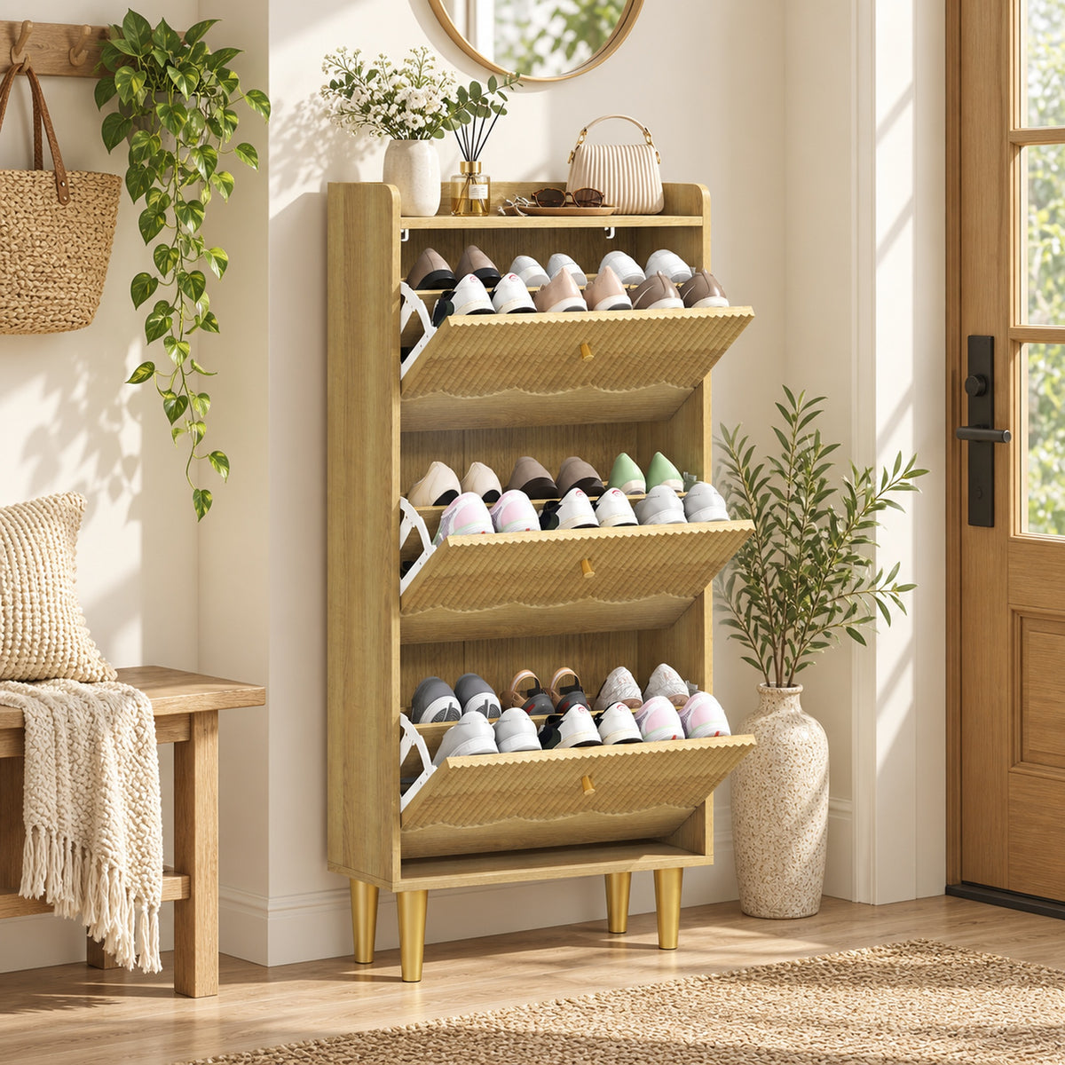 HOMCOM Narrow Shoe Cabinet, Modern Shoe Storage Cabinet with 3 Flip Drawers, Oak