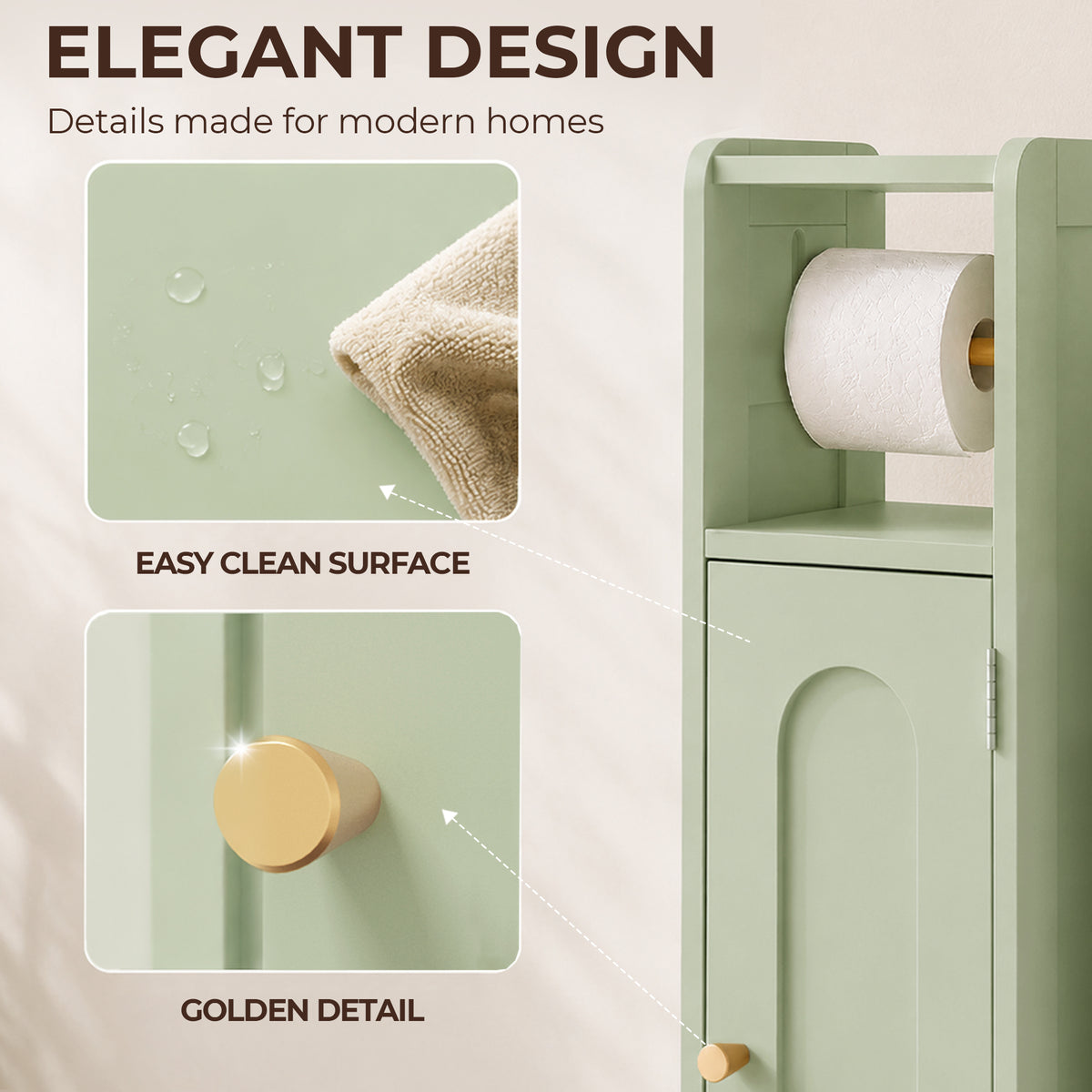 HOMCOM Small Bathroom Storage Cabinet with Toilet Roll Holder - Light Green