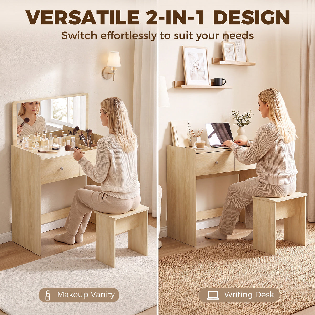 HOMCOM Vanity Desk with Mirror Dressing Table Drawer Set 6 Compartments Storage Stool White and Oak