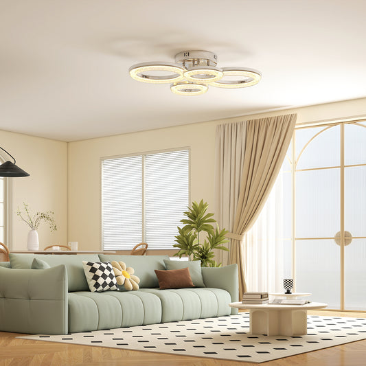 HOMCOM LED Ceiling Light, Modern 4 Rings Ceiling Lamp with Wall Switch Control, 40W 4350lm Flush Mount Ceiling Light with 3500K/4500K/6000K Colour Temperatures for Living Room, Bedroom, Silver Tone