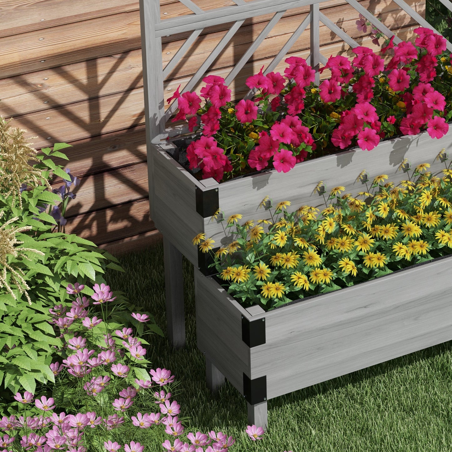 Outsunny Raised Garden Bed with Trellis, 2-Tier Wooden Elevated Planter Box  for Vegetables, Flowers, Herbs, Grey