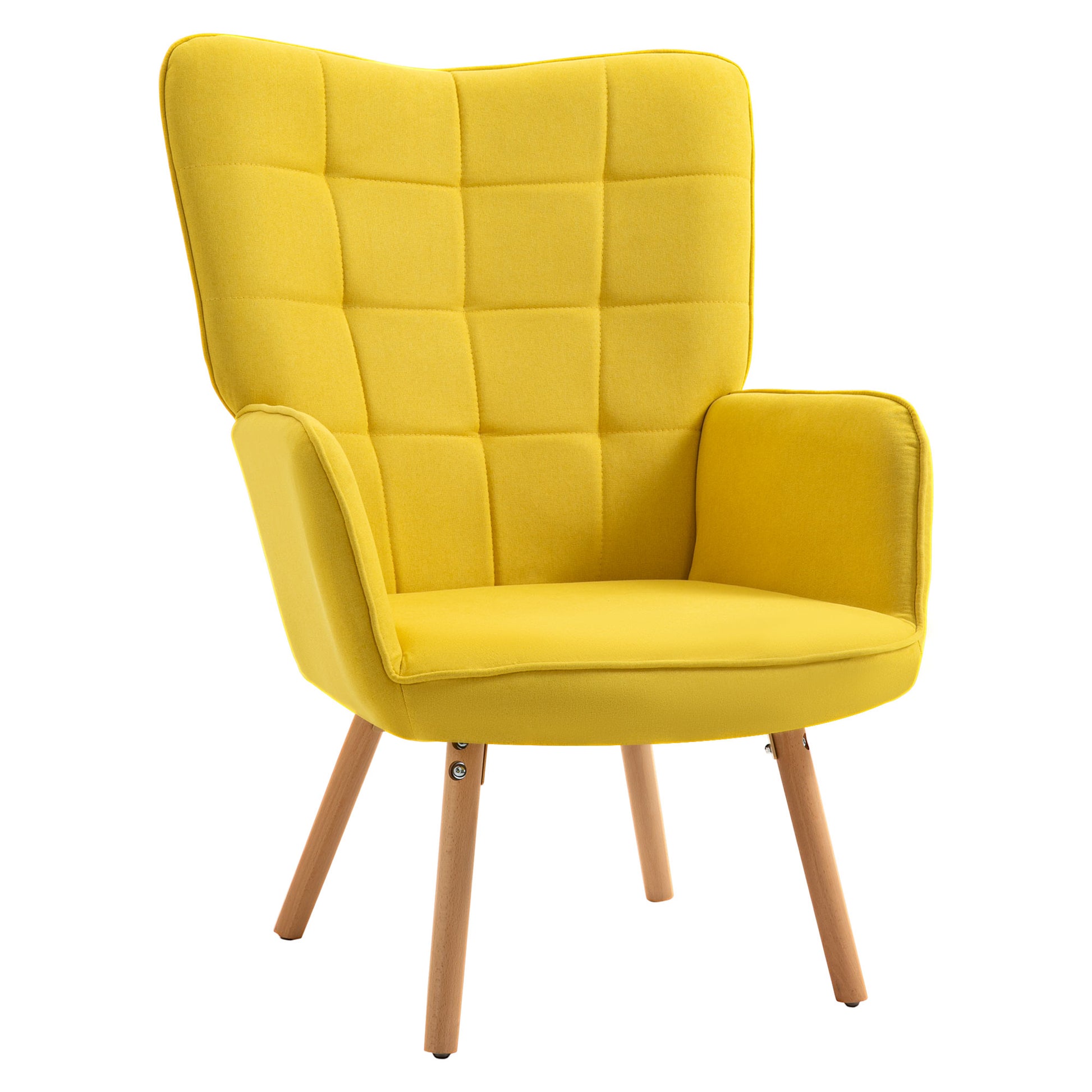 HOMCOM Modern Accent Chair, Upholstered High Back Armchair with Tufted Wingback, Seat Padding, Velvet Leisure Lounge Bedroom Chair with Wood Legs, Yellow