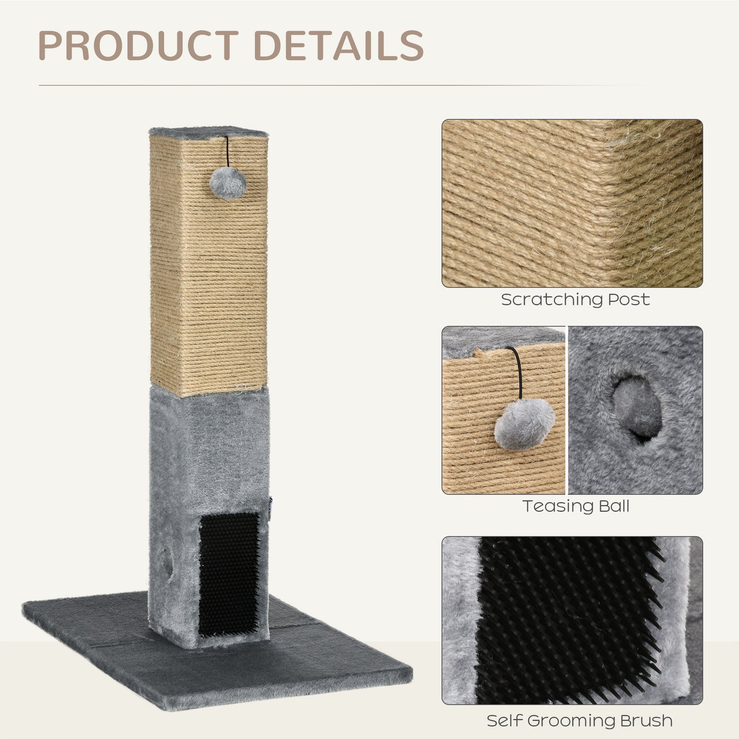 PawHut Cat Tree Scratching Post for Indoor Cats 79cm Jute Scratcher Climber w/ Carpet Base Dangling Toy â€“ Grey