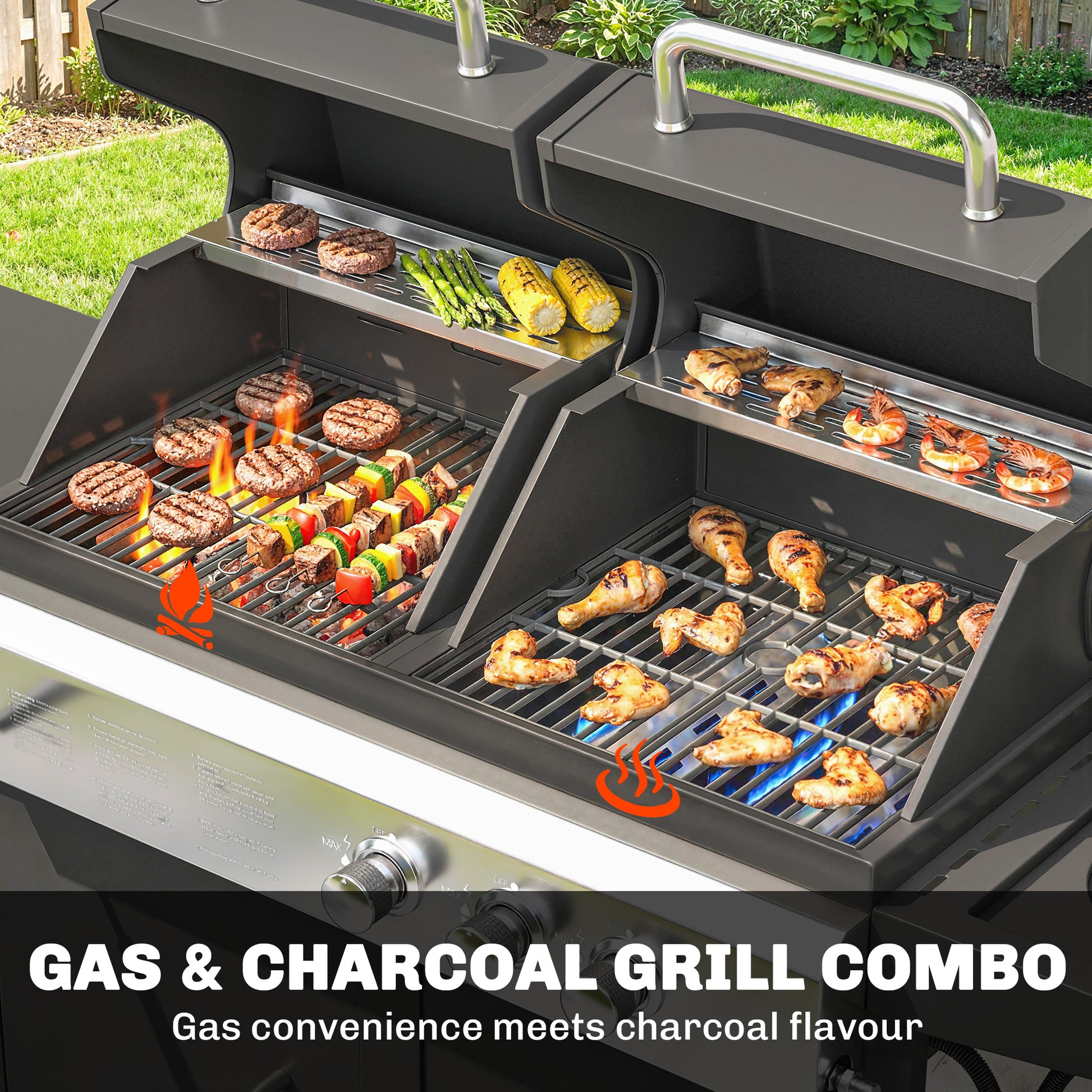 Outsunny 2+1 Burner Hybrid Dual Fuel BBQ Gas Grill, 2-in-1 Propane & Charcoal Barbecue Grill Smoker Combo with Wheels, Black