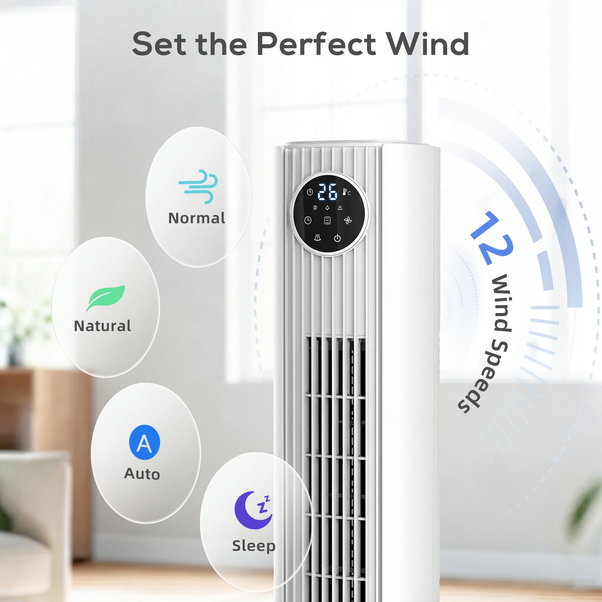 HOMCOM 28dB Tower Fan for Bedroom, 36 inch, 8 m/s Velocity Standing Cooling Fan with 80Â° Oscillating, BLDC Motor, 12 Speeds, LED Display, 4 Modes, 12H Timer, Remote Control, White
