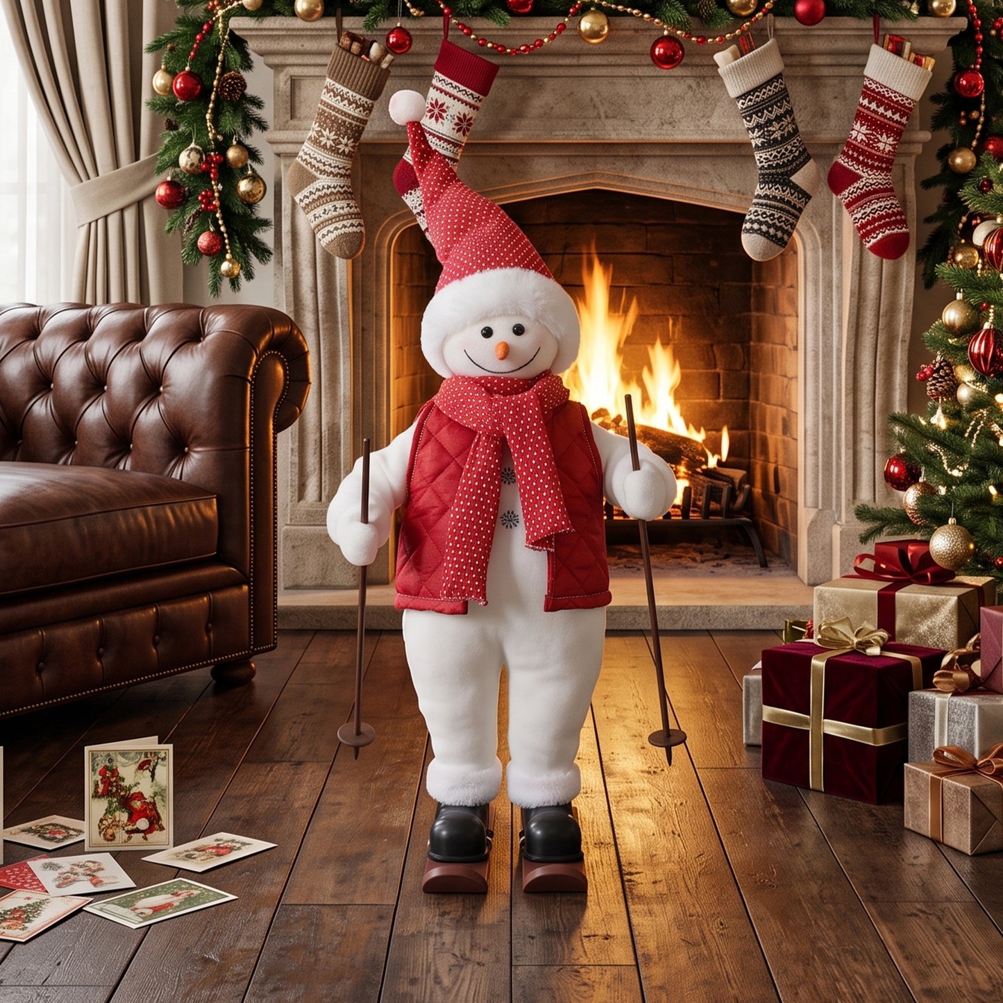 HOMCOM 2ft Singing Skiing Santa Claus, Standing Christmas Animated Santa Figure with Ski Board, Poles, Sound/Touch Activated