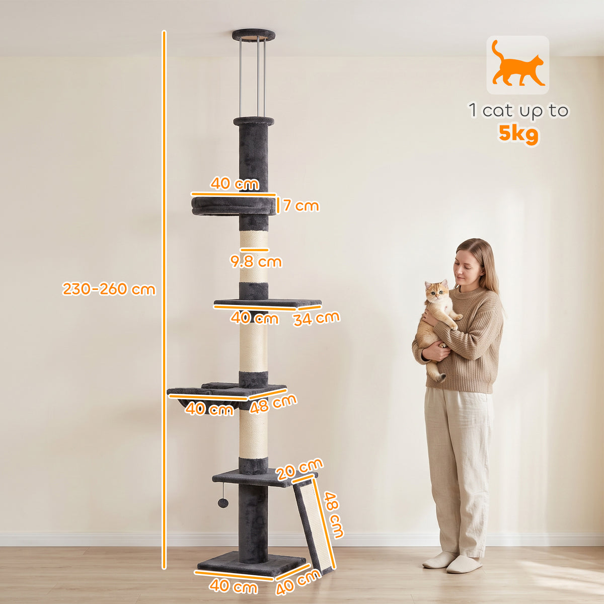 PawHut Floor to Ceiling Cat Tree, 230-260 cm Adjustable 5-Level Cat Tower with 3 Top Tension Rods, Bed, Hammock, Dark Grey