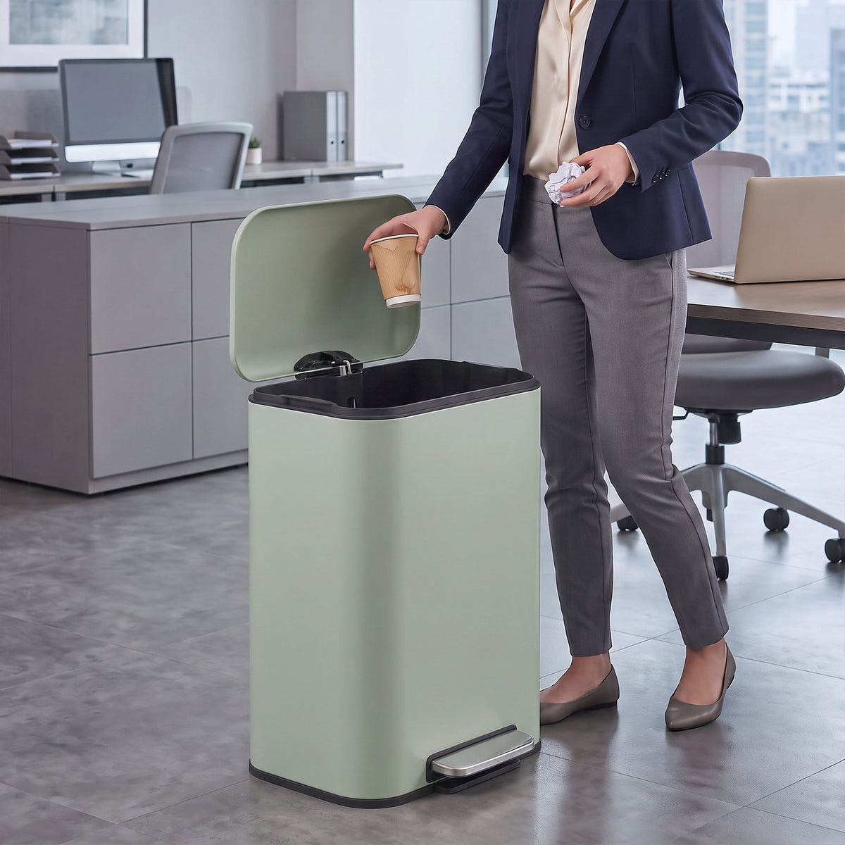 HOMCOM 50 L Kitchen Pedal Bin, Metal Rubbish Bin with Removable Inner Bucket, Soft-Close & Stay-Open Lid, Light Green