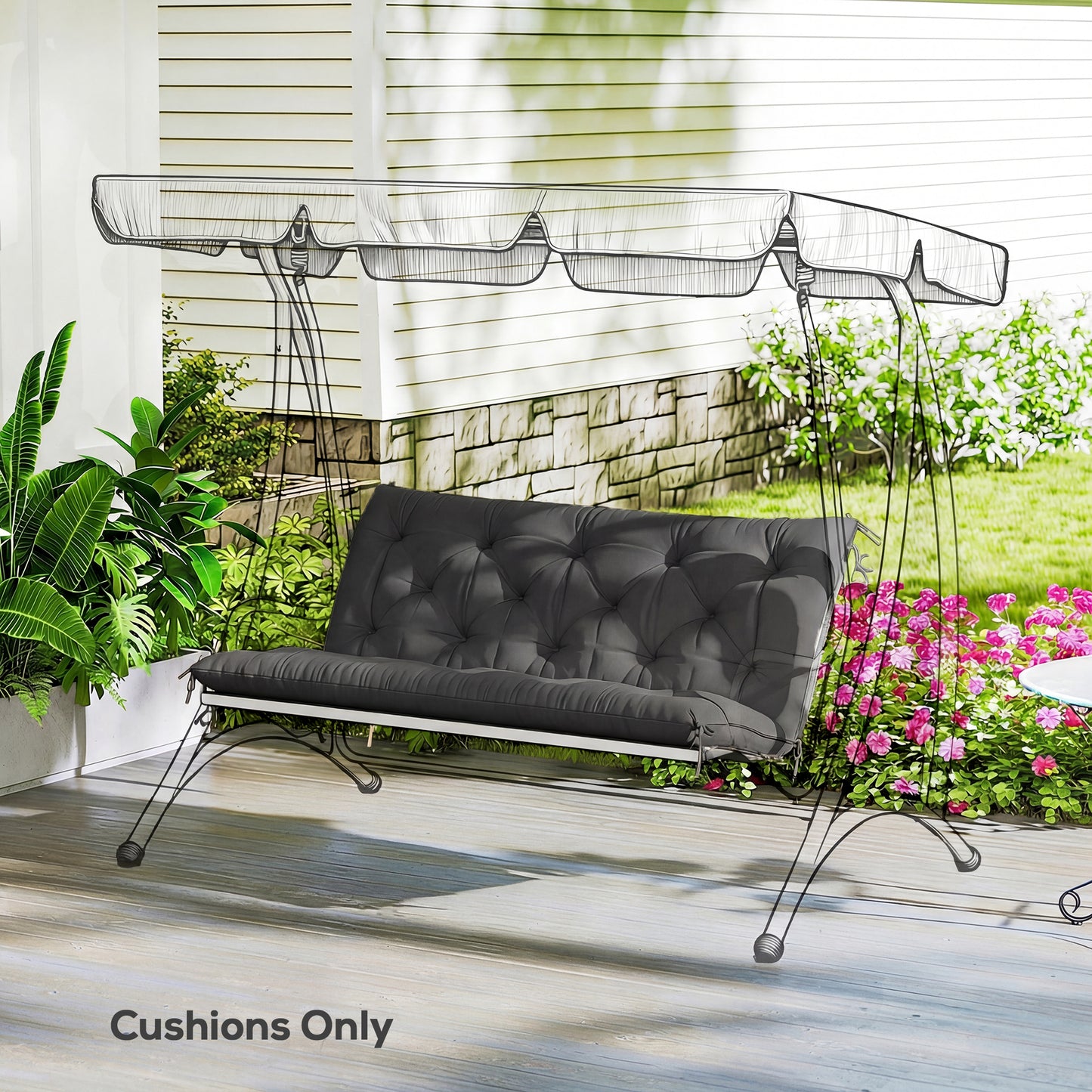 Outsunny Garden Bench Cushion, 2 Seater Swing Chair Cushion, Seat Pad with Ties for Indoor and Outdoor Use, 110 x 120 cm, Black