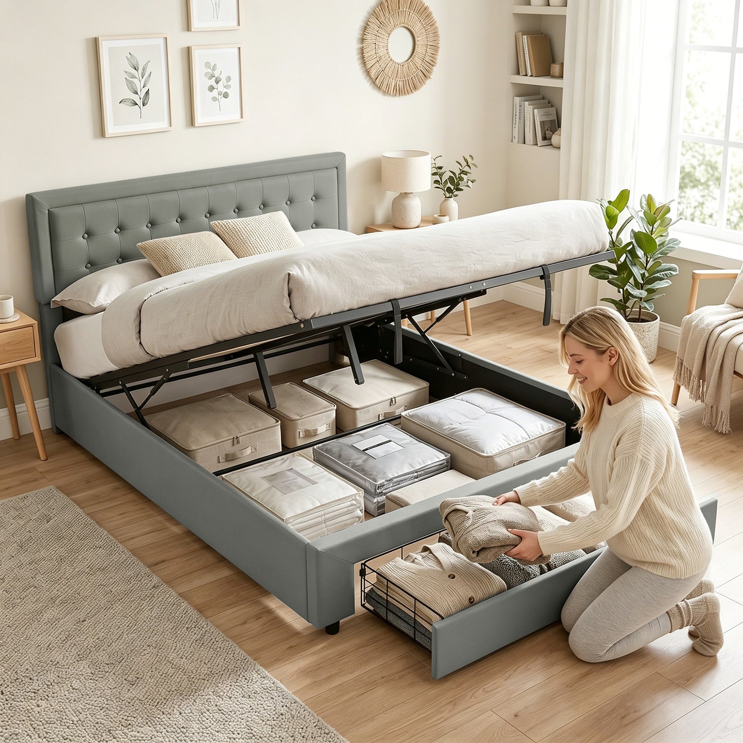 HOMCOM King Size Ottoman Bed Frame, with Front Drawer - Grey