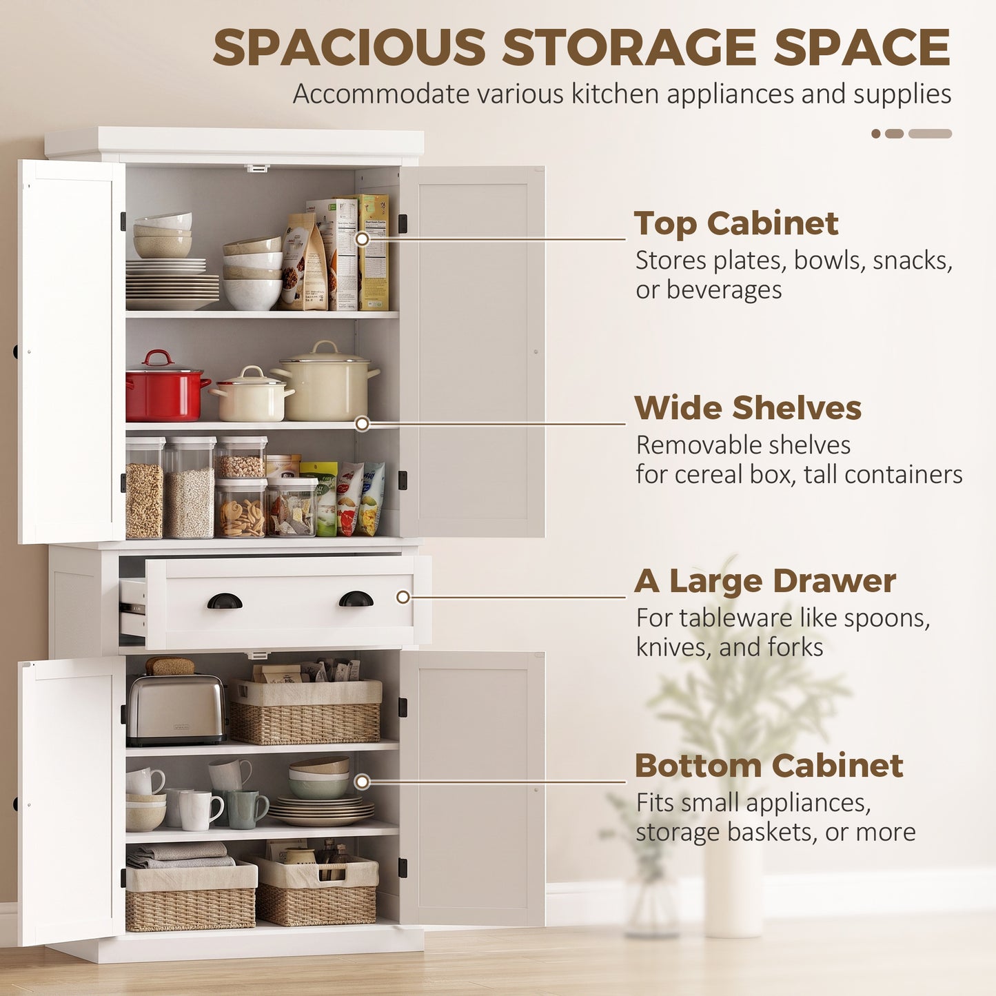 HOMCOM Tall Kitchen Cupboard, 183 cm Freestanding Storage Cabinet with Drawer, 4 Doors and Adjustable Shelves, White