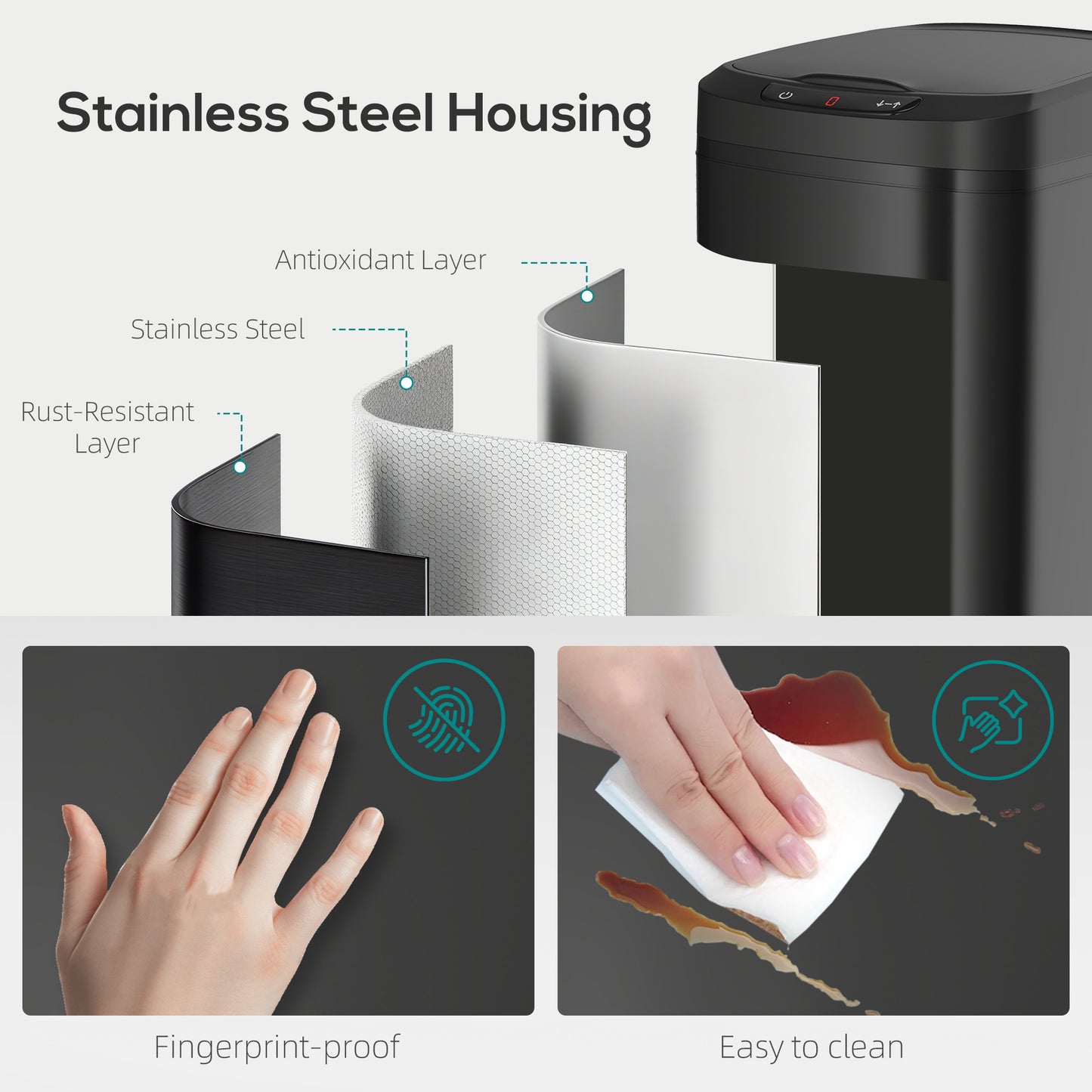 HOMCOM 12L Sensor Bin, Automatic Touchless Motion Sensor Kitchen Bin with Fingerprint Resistant Stainless Steel, Black