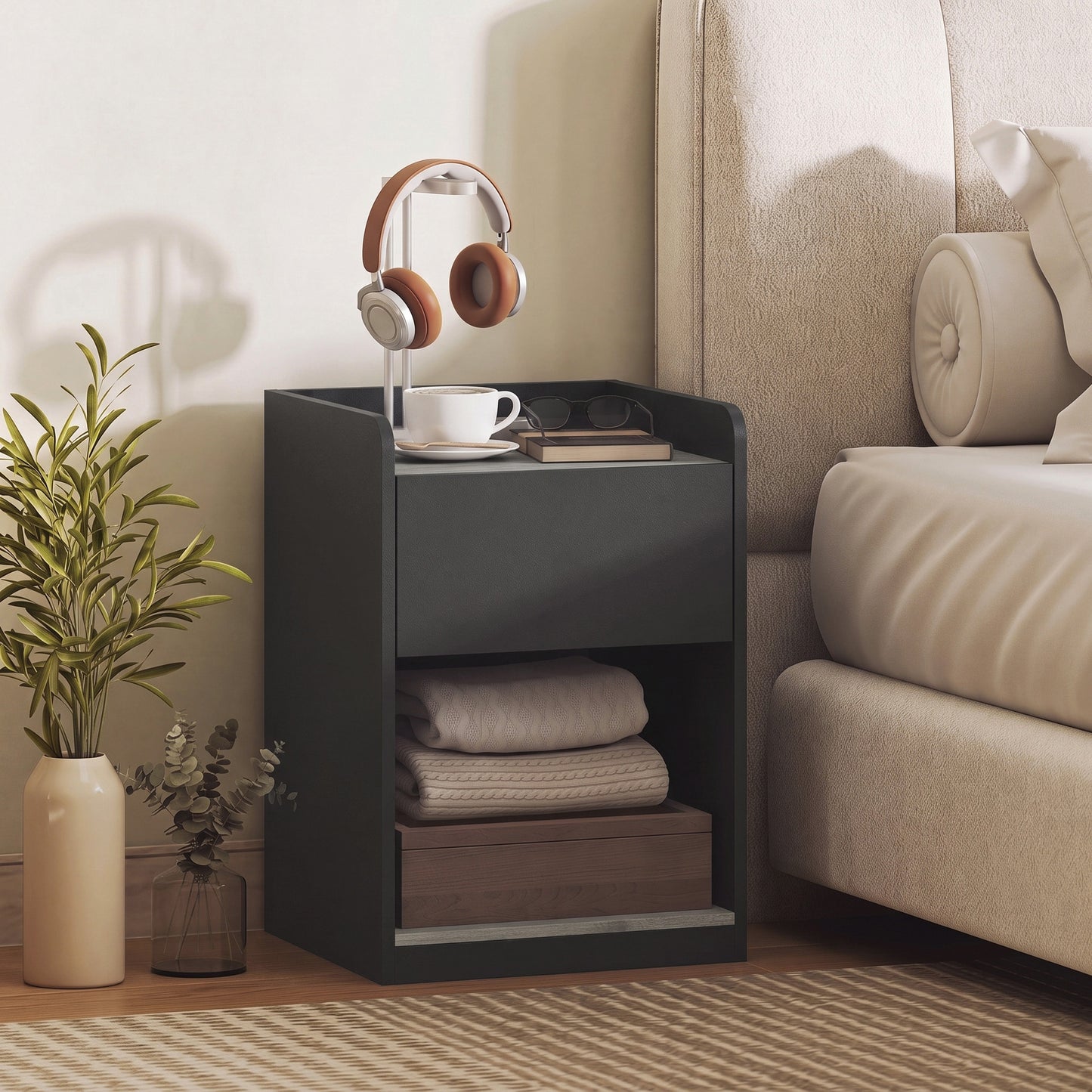 HOMCOM Modern Bedside Table, Slim Nightstand with Drawer, Shelf and Cable Holes, Black and Grey Wood Effect