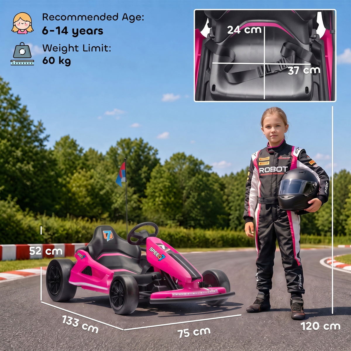 AIYAPLAY 24V Electric Drift Go Kart for Kids with Dual Motors, Soft Start, 12 KM/H High Speed, Headlight, for Ages 6-14, Pink
