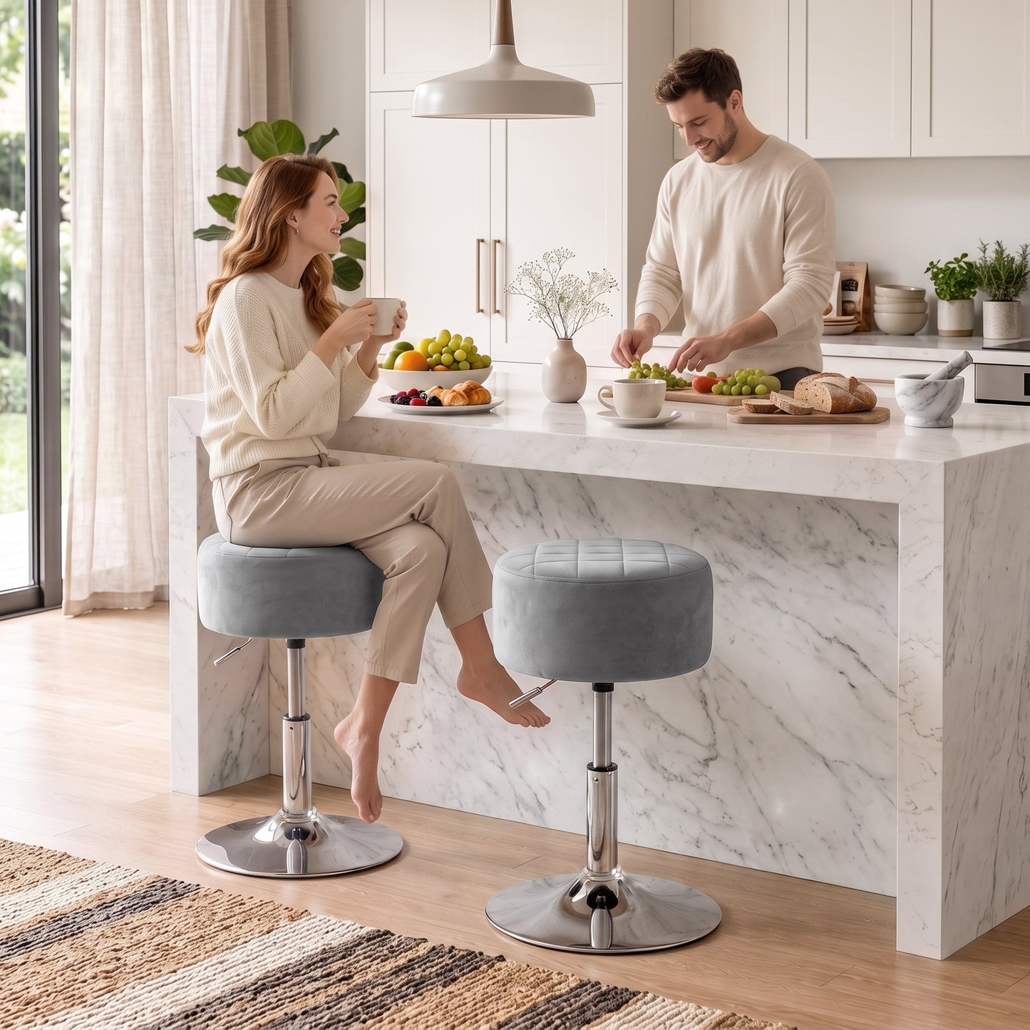 HOMCOM Bar Stool Adjustable Swivel Chair Velvet-Feel Seat 1 Piece, Grey