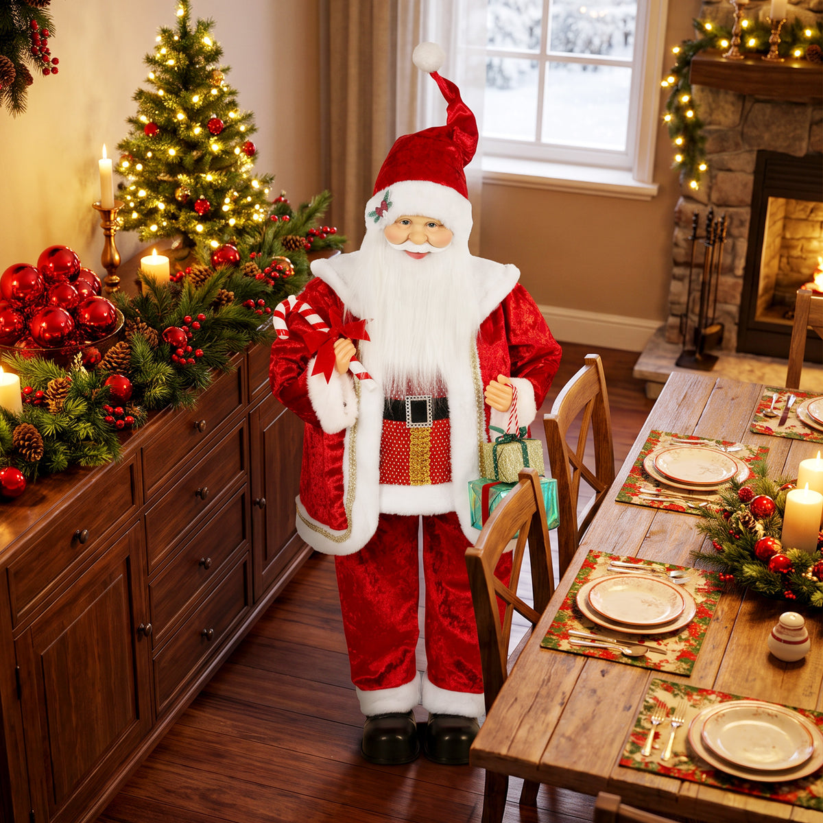 HOMCOM 120cm Life Size Singing Dancing Santa Claus, Standing Musical Animated Santa with Gift and Candy Cane, Posable Arms, Handcrafted, Sound Touch Activated, Moving Christmas Figure Decoration