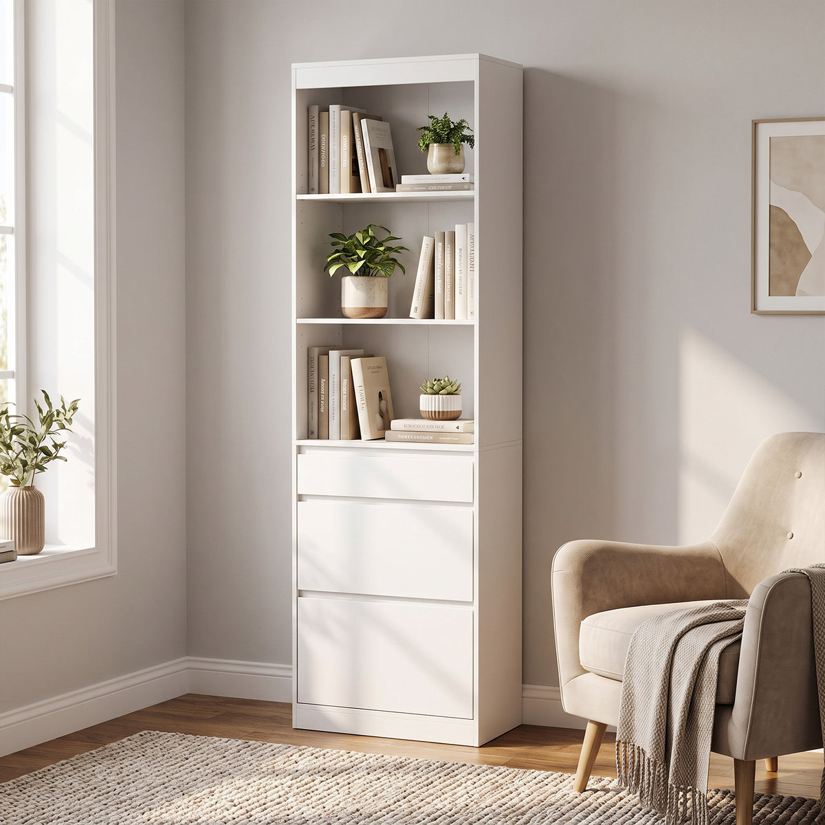 HOMCOM Bookcase with Drawers Adjustable Shelves Book Shelf for Study Living Room White