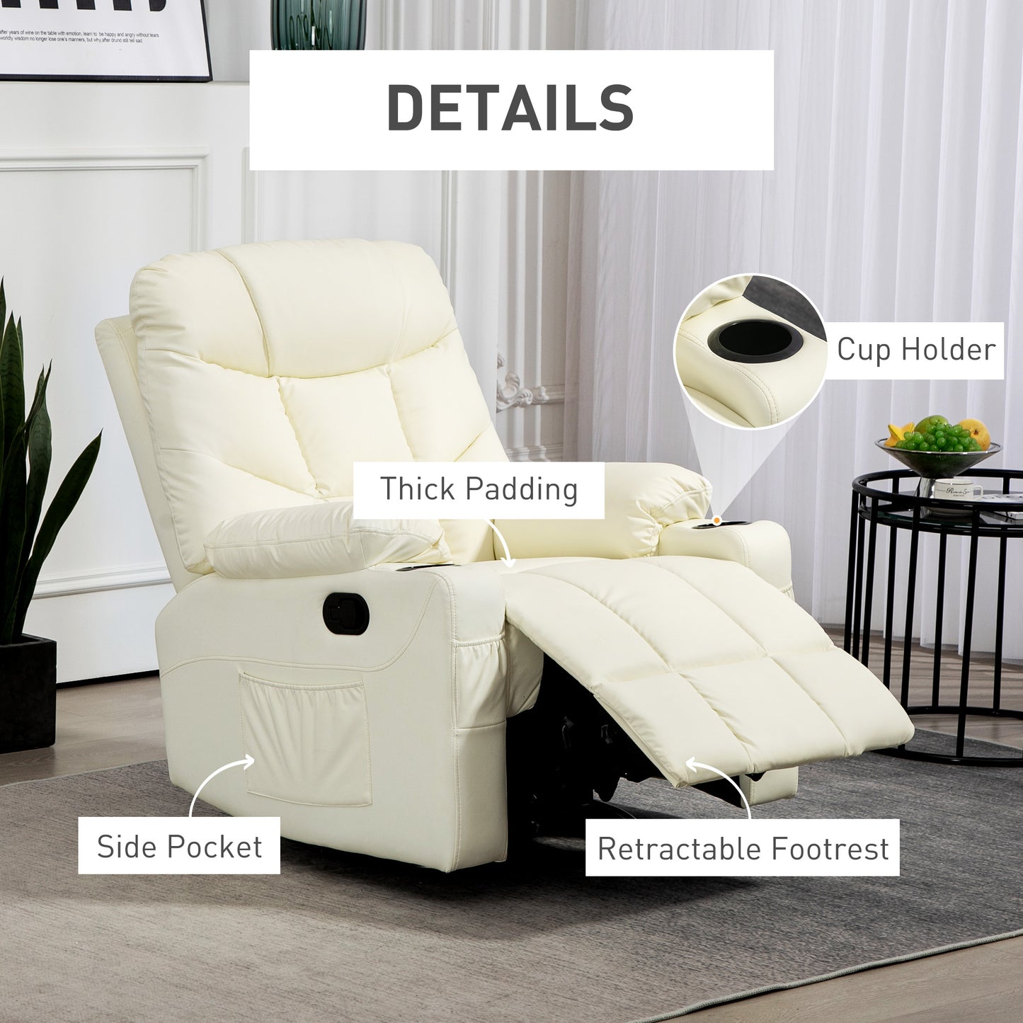 HOMCOM Manual Reclining Chair, Recliner Armchair with Swivel, Faux Leather, Footrest, Cup Holders, 86x93x102cm, Cream