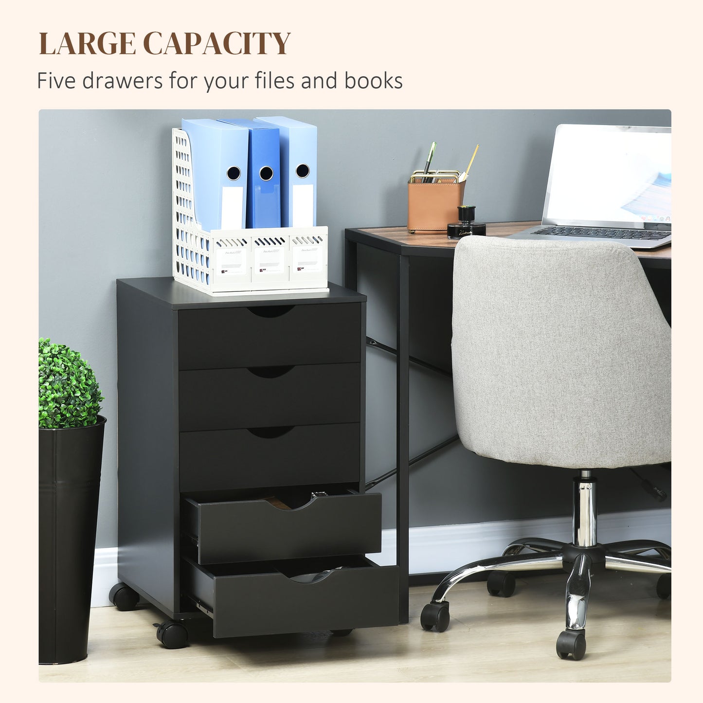 HOMCOM 5 Drawer Mobile Filing Cabinet, Vertical File Cabinet, Modern Rolling Office Storage Organizer Cupboard, Black