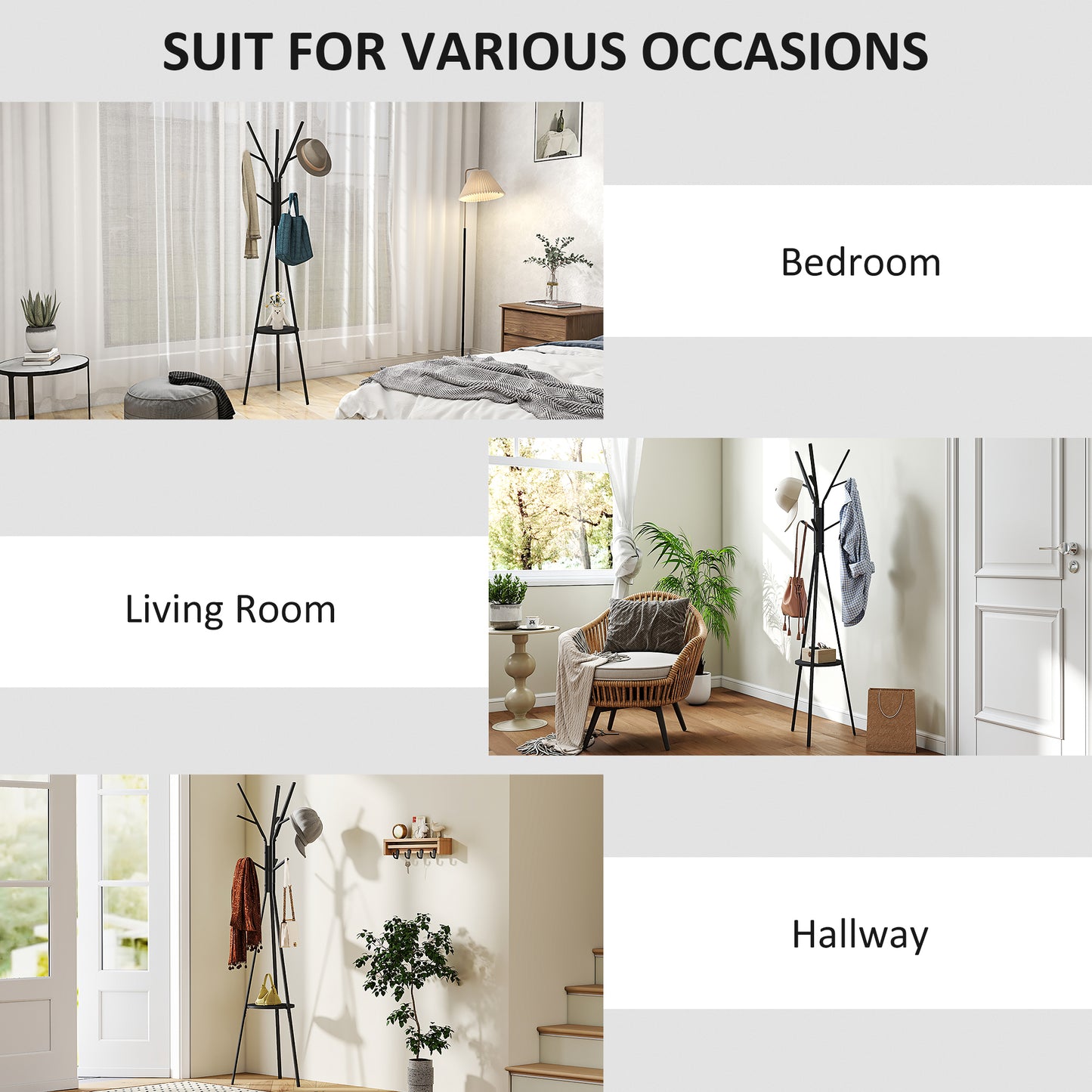 HOMCOM Freestanding Metal Coat Rack Stand 9 Hooks Clothes Tree with 1 Shelf Hat Display Hall Tree Hanger Bag Umbrella Hanging Organiser Black