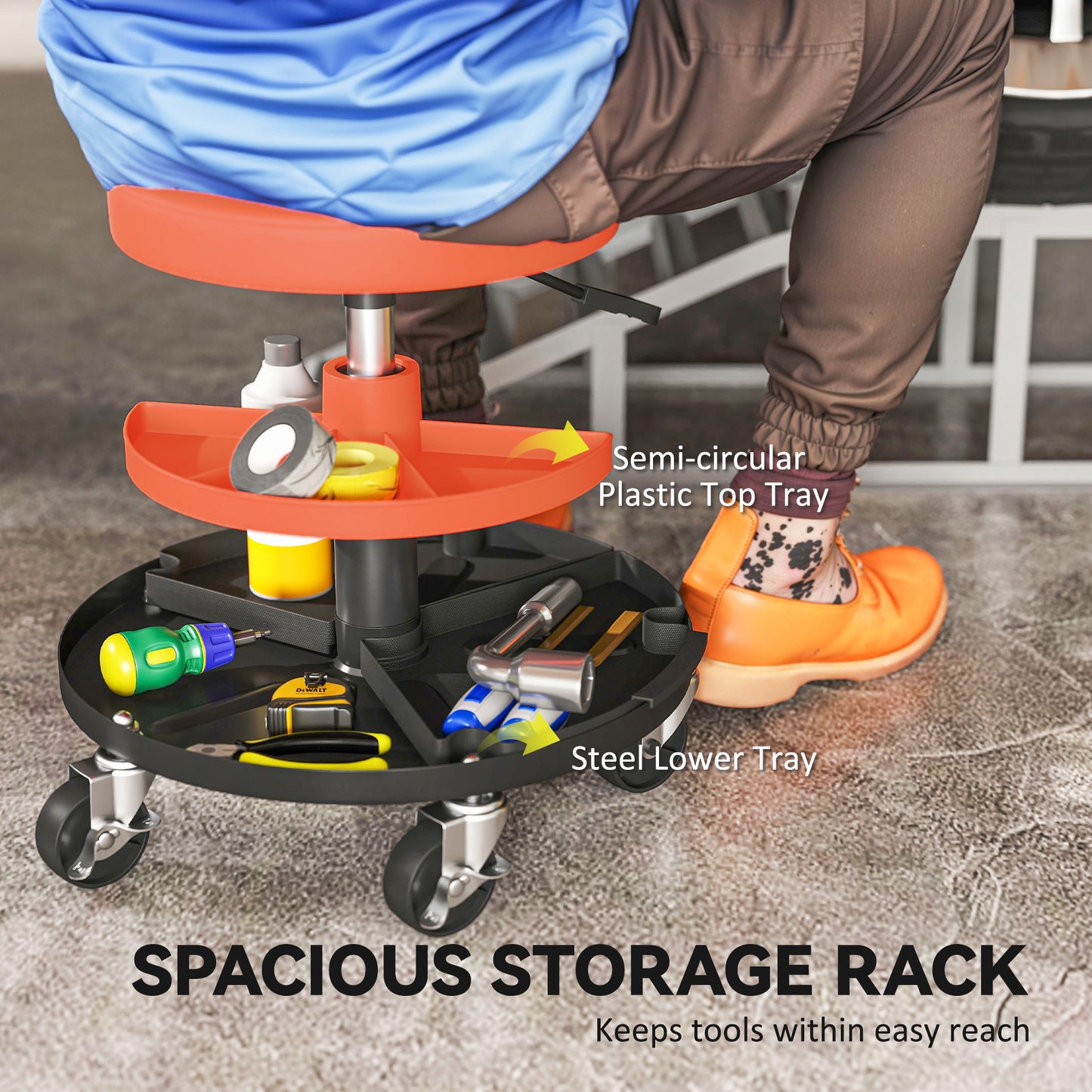 HOMCOM Rolling Mechanic Stool, 135kg Capacity Workshop Stool, 360° Swivel Roller Padded Creeper Seat with Wheels, Tool Trays Storage for Garage, Shop, Auto Repair, Yellow