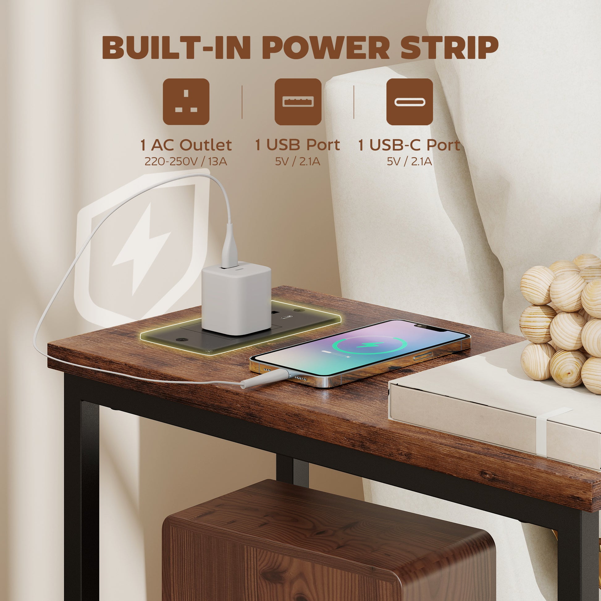 HOMCOM Side Table, Narrow Bedside Table with Charging Station, 2 Drawers, AC Outlet and 2 USB Ports for Living Room, Bedroom