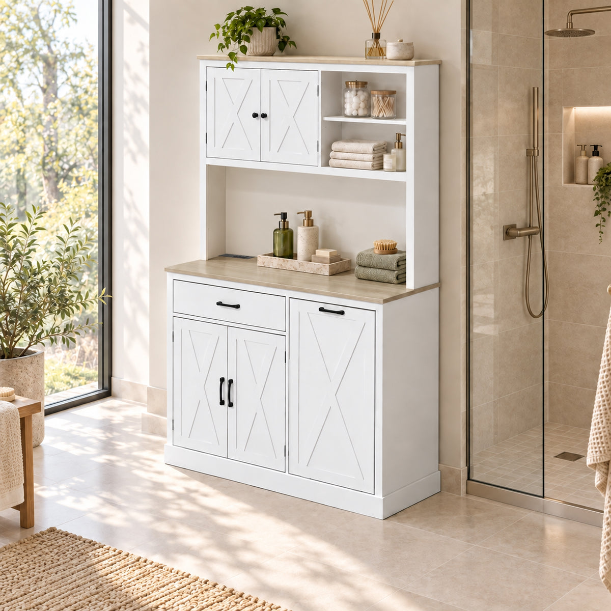 HOMCOM Pantry Cabinet with Charging Station, Microwave Stand, Rubbish Bin Cabinet, Adjustable Shelves, Barn Style Doors, White