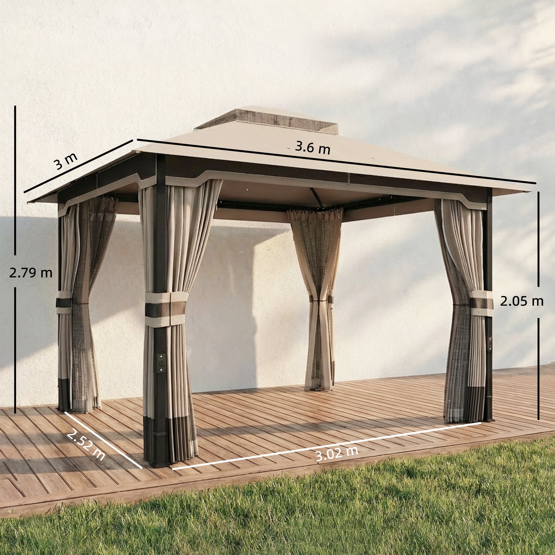 Outsunny 3 x 3.6 m Outdoor Garden Gazebo with Netting and Curtains, DoubleÂ Roof Patio Gazebo Permanent Pavilion, Khaki