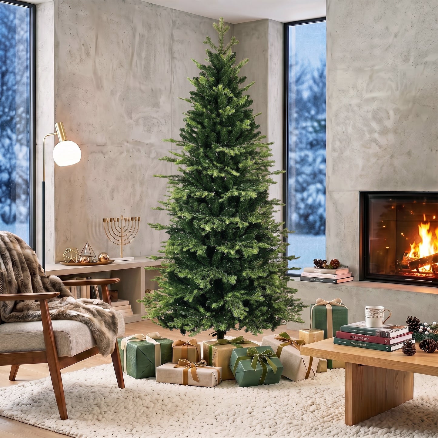 HOMCOM Geneva Fir Hinged Xmas Tree, 7ft/210cm Artificial Christmas Tree with 2079 Branch Tips, Foldable Steel Stand, Green